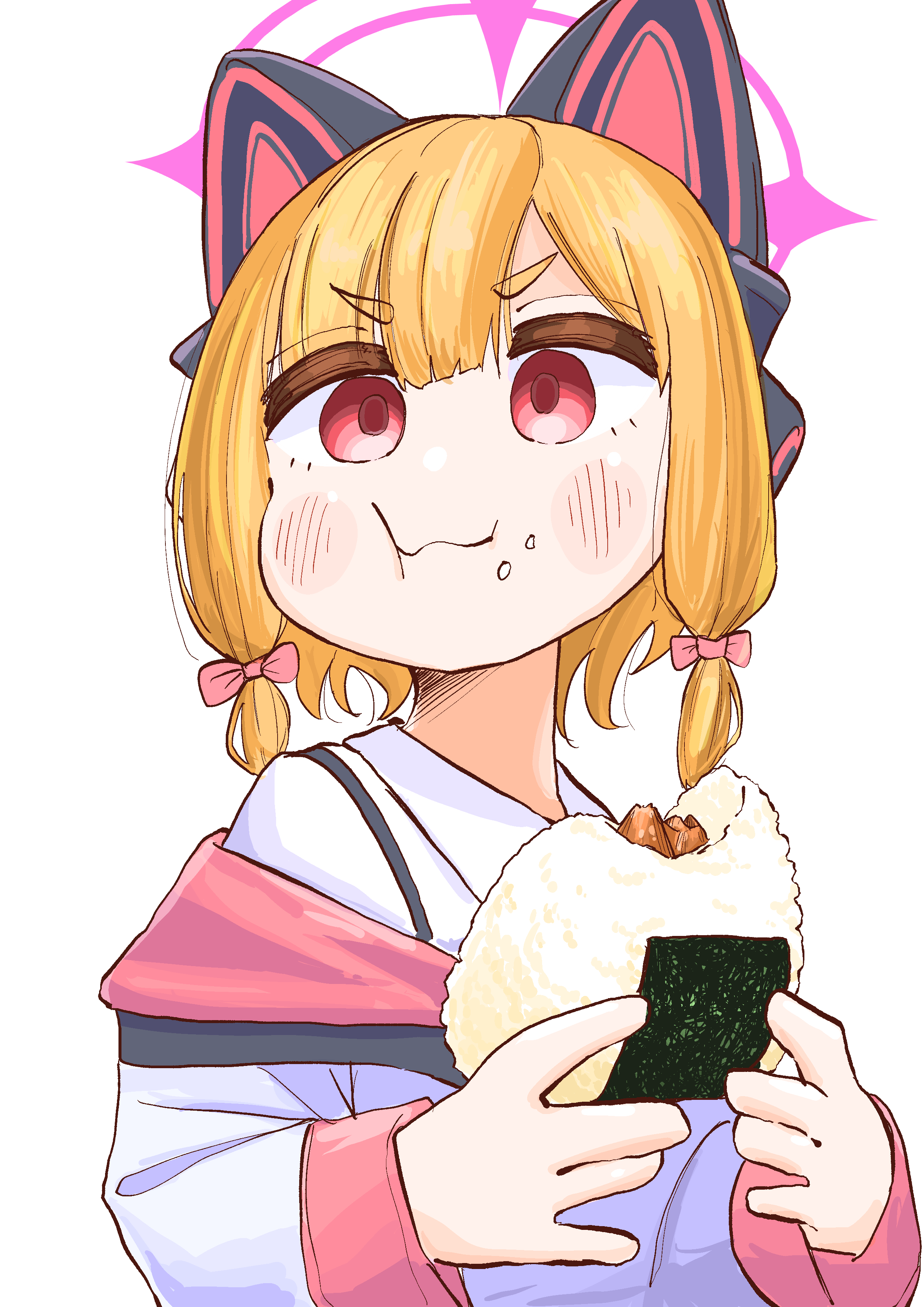 nickel ni plus, momoi (blue archive), blue archive, absurdres, hashtag-only commentary, highres, 1girl, :t, animal ear headphones, animal ears, blush, bow, cat ear headphones, closed mouth, coat, eating, fake animal ears, food, food on face, hair between eyes, hair bow, halo, headphones, holding, holding food, long sleeves, off shoulder, onigiri, orange hair, pink bow, red eyes, rice, rice on face, shirt, short hair, simple background, solo, upper body, white background, white coat, white shirt