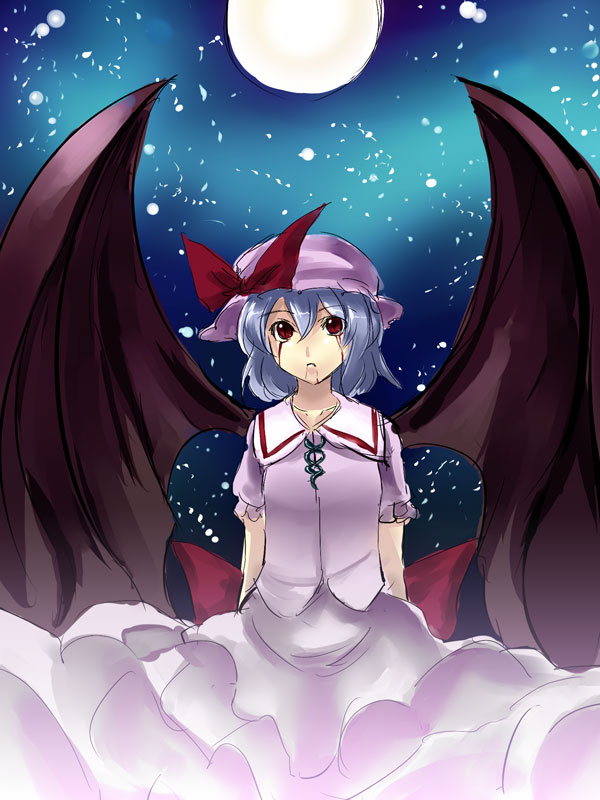 gin'ichi (akacia), ginichi, remilia scarlet, touhou, 1girl, blood, bloody tears, blue hair, female focus, red eyes, solo, wings