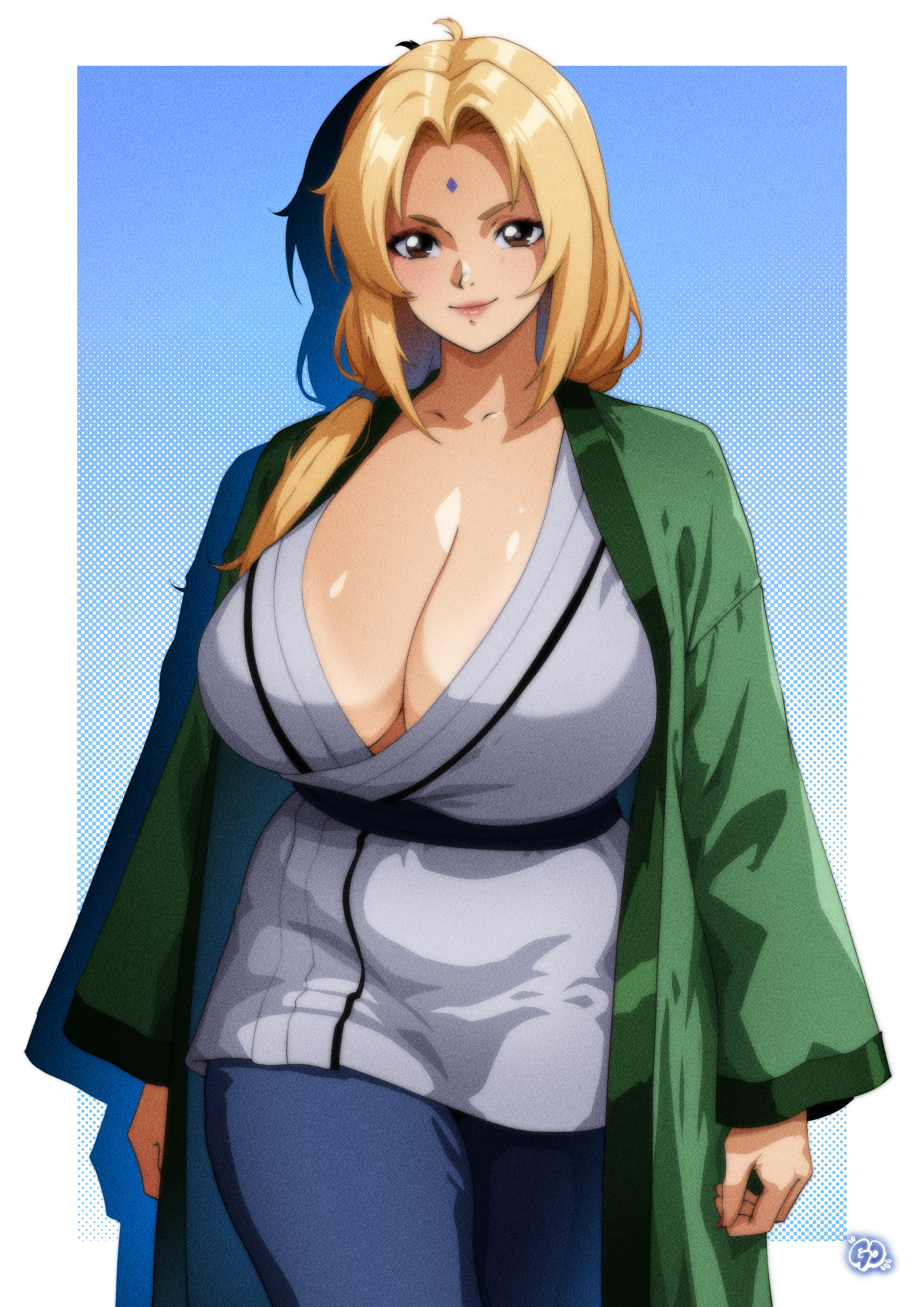 gravydood, tsunade (naruto), naruto (series), absurdres, highres, 1girl, blonde hair, blue background, border, breasts, brown hair, cleavage, colored eyelashes, cowboy shot, facial mark, forehead mark, green haori, grey kimono, haori, huge breasts, japanese clothes, kimono, light smile, mature female, outside border, short eyebrows, solo, white border