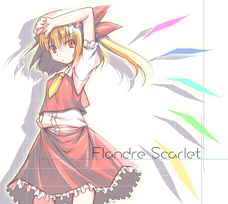 mizoguchi keiji, flandre scarlet, touhou, 1girl, blonde hair, character name, female focus, frilled sleeves, frills, hat, mob cap, necktie, orange hair, puffy short sleeves, puffy sleeves, red eyes, red skirt, shadow, shirt, short sleeves, side ponytail, skirt, skirt set, solo, thumbs down, white background, white shirt, wings, yellow necktie
