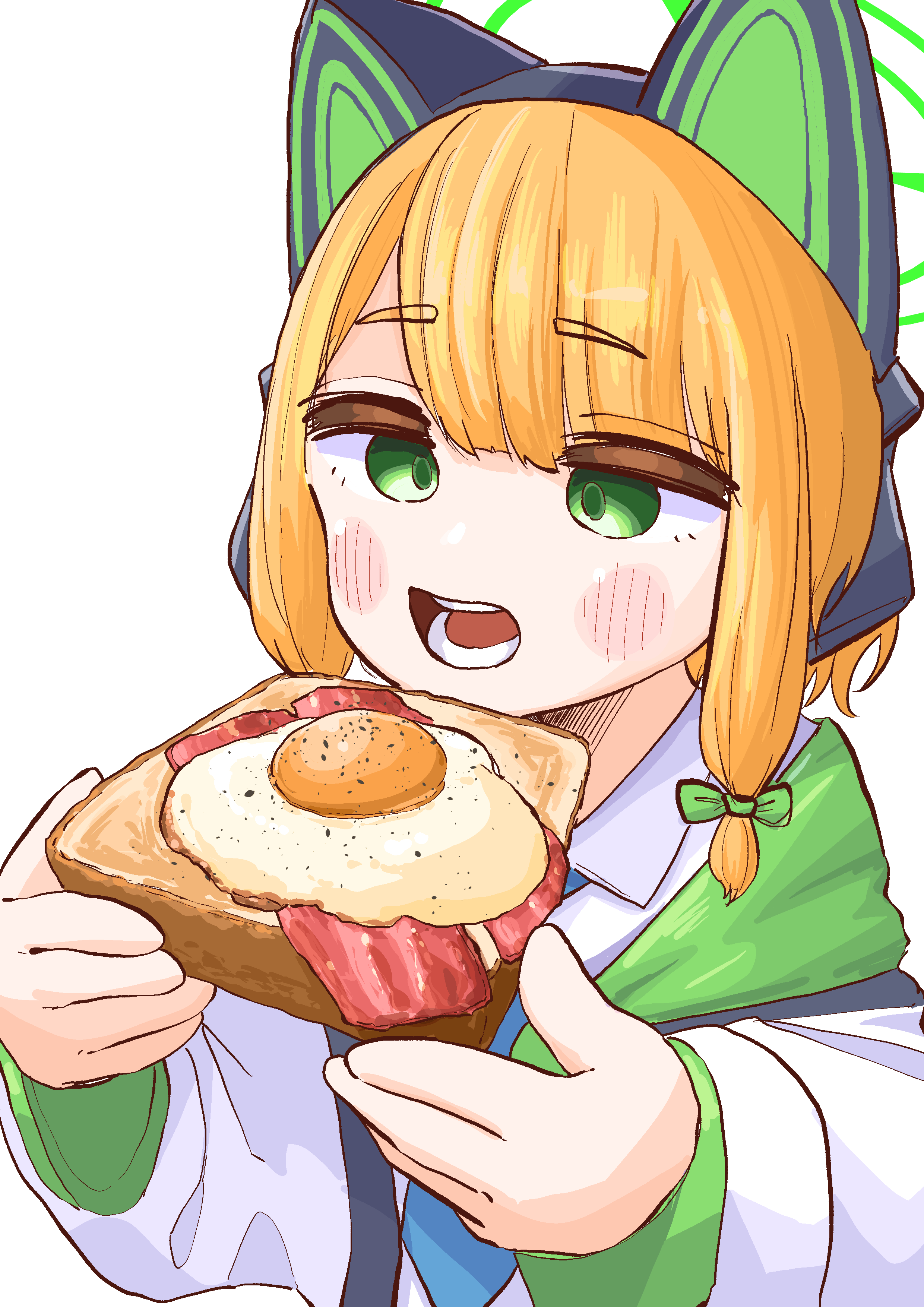 nickel ni plus, midori (blue archive), blue archive, absurdres, hashtag-only commentary, highres, 1girl, animal ear headphones, animal ears, bacon, blue necktie, blush, bread, bread slice, cat ear headphones, coat, collared shirt, eating, egg, egg (food), fake animal ears, food, fried egg, fried egg on toast, green eyes, hair between eyes, halo, headphones, holding, holding food, long sleeves, necktie, open mouth, orange hair, shirt, simple background, solo, toast, upper body, white background, white coat, white shirt