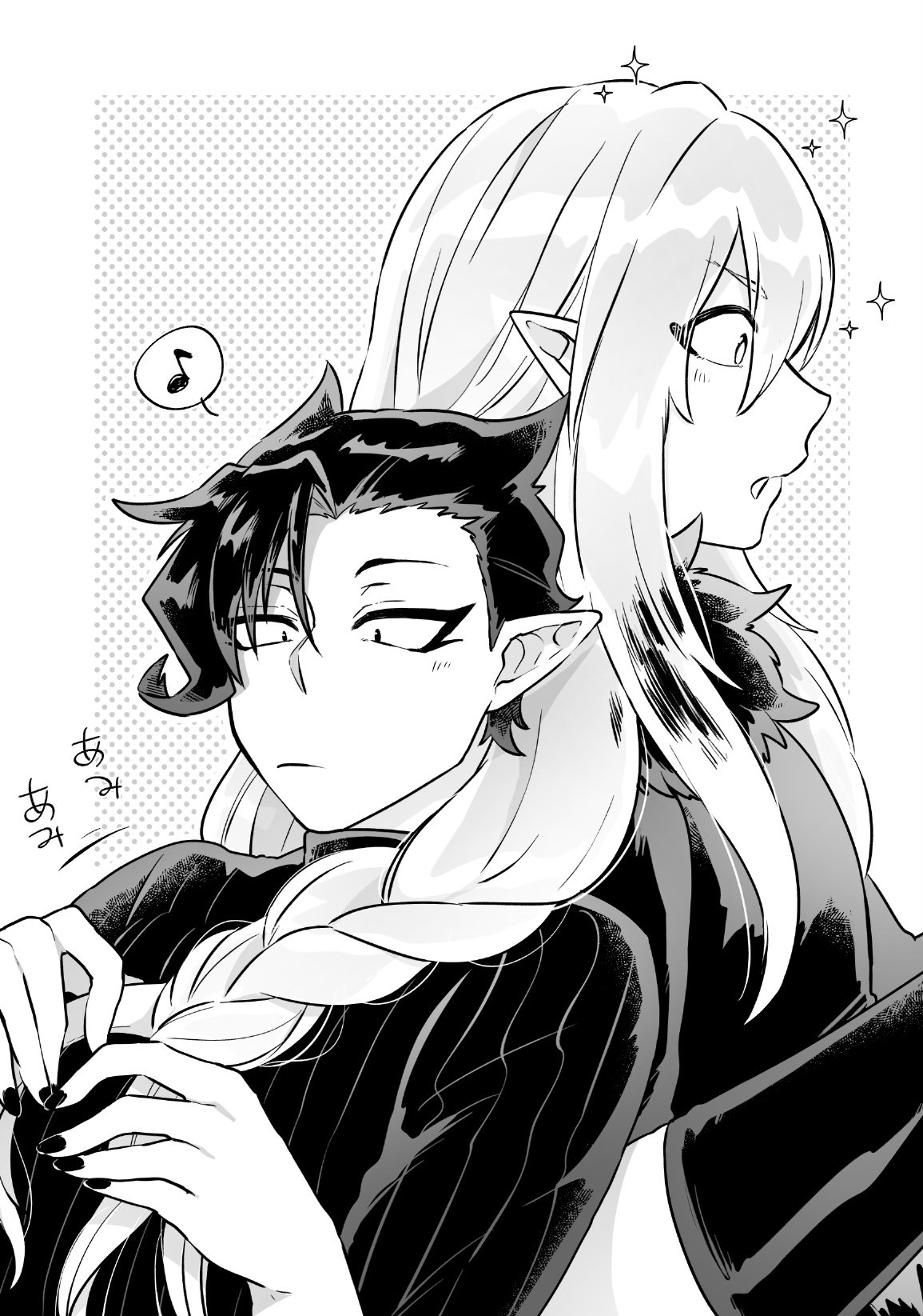 naberius kalego, mairimashita! iruma-kun, highres, 2boys, balam shichiro, braiding another's hair, braiding hair, fur trim, greyscale, hairdressing, isiko mim z, long hair, male focus, monochrome, multiple boys, musical note, nail polish, pointy ears, short hair, simple background, sparkle, spoken musical note, turtleneck, upper body, white background