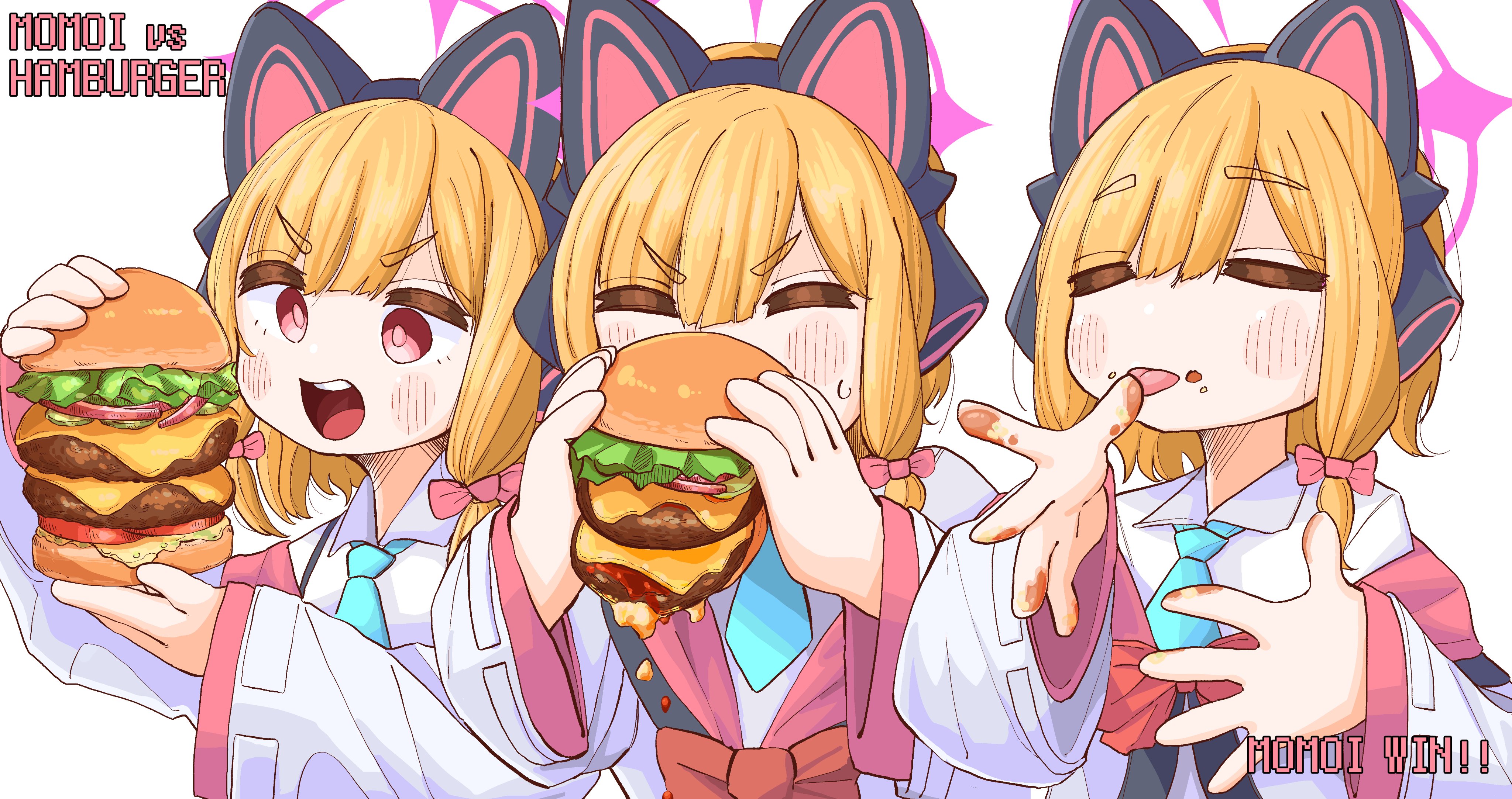 nickel ni plus, momoi (blue archive), blue archive, absurdres, commentary request, highres, 1girl, animal ear headphones, animal ears, blush, bow, burger, cat ear headphones, character name, closed eyes, coat, collared shirt, eating, english text, fake animal ears, food, food on face, hair bow, halo, headphones, holding, holding burger, holding food, licking, licking finger, multiple views, off shoulder, open clothes, open coat, open mouth, orange hair, pink bow, red bow, red eyes, shirt, short hair, simple background, sweat, teeth, upper body, upper teeth only, white background, white shirt, wide sleeves
