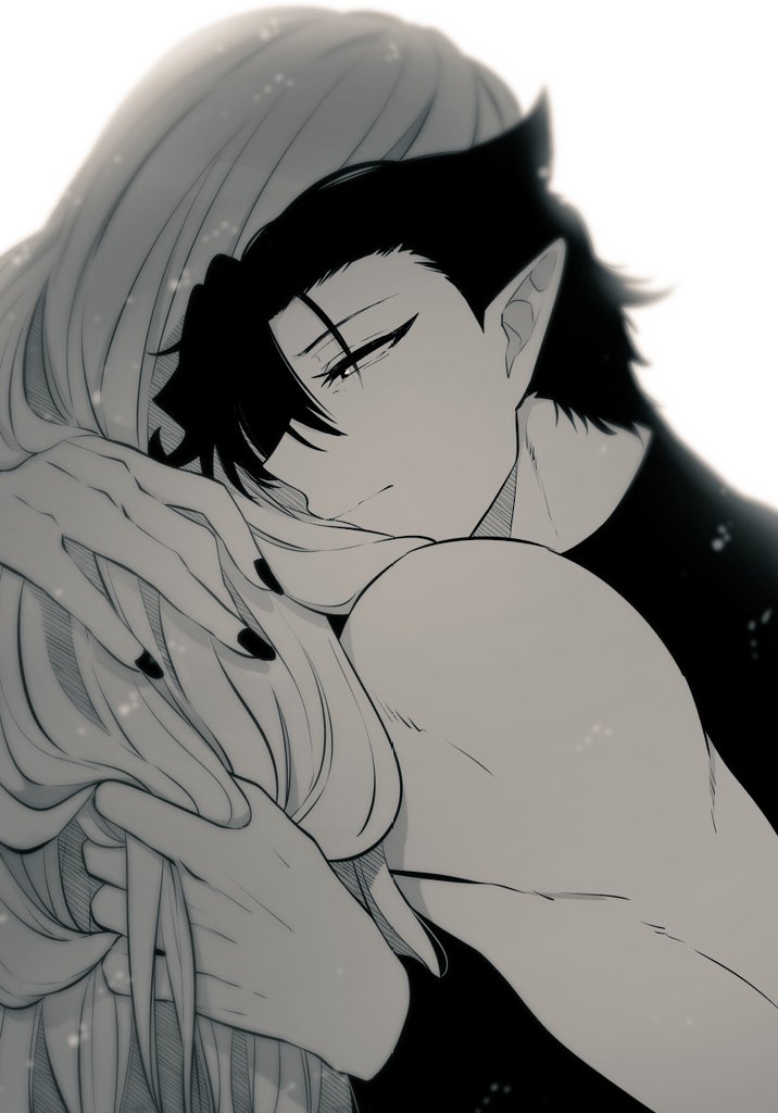 naberius kalego, mairimashita! iruma-kun, 2boys, balam shichiro, blurry, depth of field, greyscale, hand in another's hair, hug, isiko mim z, long hair, male focus, monochrome, multiple boys, nail polish, pointy ears, short hair, simple background, turtleneck, upper body, white background, yaoi