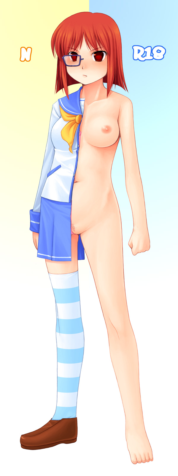noise (tsuzuki), original, highres, long image, tall image, 1girl, asymmetrical clothes, barefoot, breasts, chart, female focus, female pubic hair, full body, glasses, gradient background, medium breasts, nipples, no panties, nude, pubic hair, pussy, red eyes, red hair, revealing clothes, revealing layer, school uniform, serafuku, shoes, short hair, simple background, single shoe, single thighhigh, solo, split, split theme, standing, striped clothes, striped thighhighs, thighhighs, uncensored