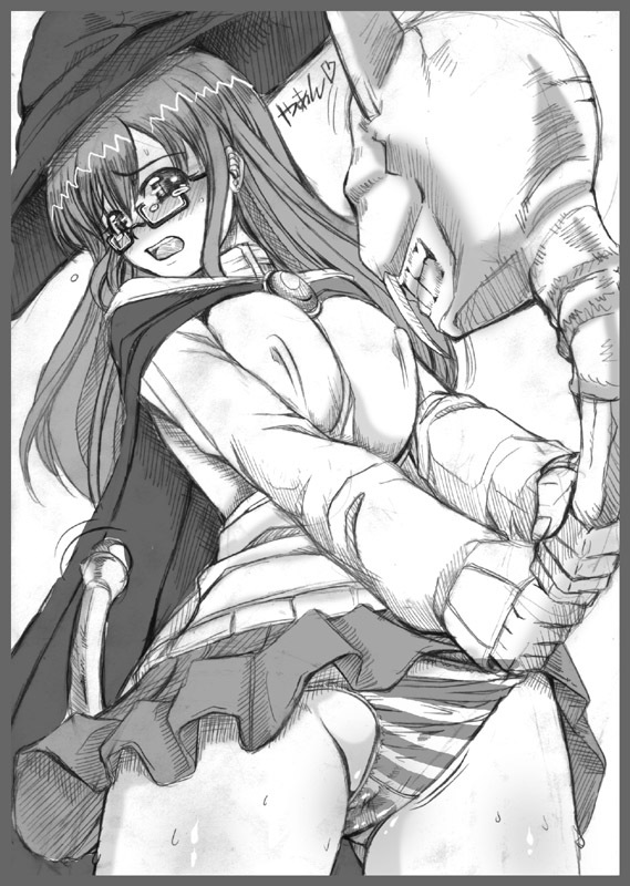 mike (arcana heart), yasuzumi yoriko, aq interactive, arcana heart, atlus, examu, artist request, 1girl, blush, breasts, brooch, cape, clothes lift, covered erect nipples, fang, glasses, greyscale, grin, groin, hat, jewelry, large breasts, long hair, monochrome, open mouth, panties, panty pull, pantyshot, pleated skirt, school uniform, signature, sketch, skirt, skirt lift, skull, smile, staff, striped clothes, striped panties, sweat, sweater, tears, turtleneck, underwear, witch, witch hat