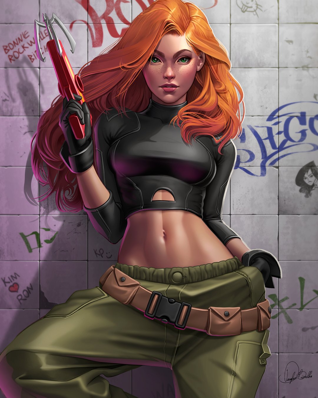 douglas bicalho, kim possible, kim possible (series), highres, 1girl, belt, black gloves, black shirt, breasts, brown belt, gloves, graffiti, grappling gun, green eyes, green pants, gun, holding, holding gun, holding weapon, long hair, looking at viewer, medium breasts, midriff, navel, orange hair, pants, shirt, solo, weapon