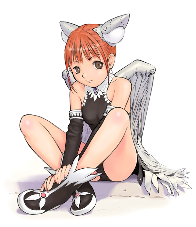 hanainu (orange bullet), 1girl, boots, brown eyes, elbow gloves, female focus, gloves, hair ornament, looking at viewer, orange hair, short hair, simple background, sitting, smile, solo, white background, wings