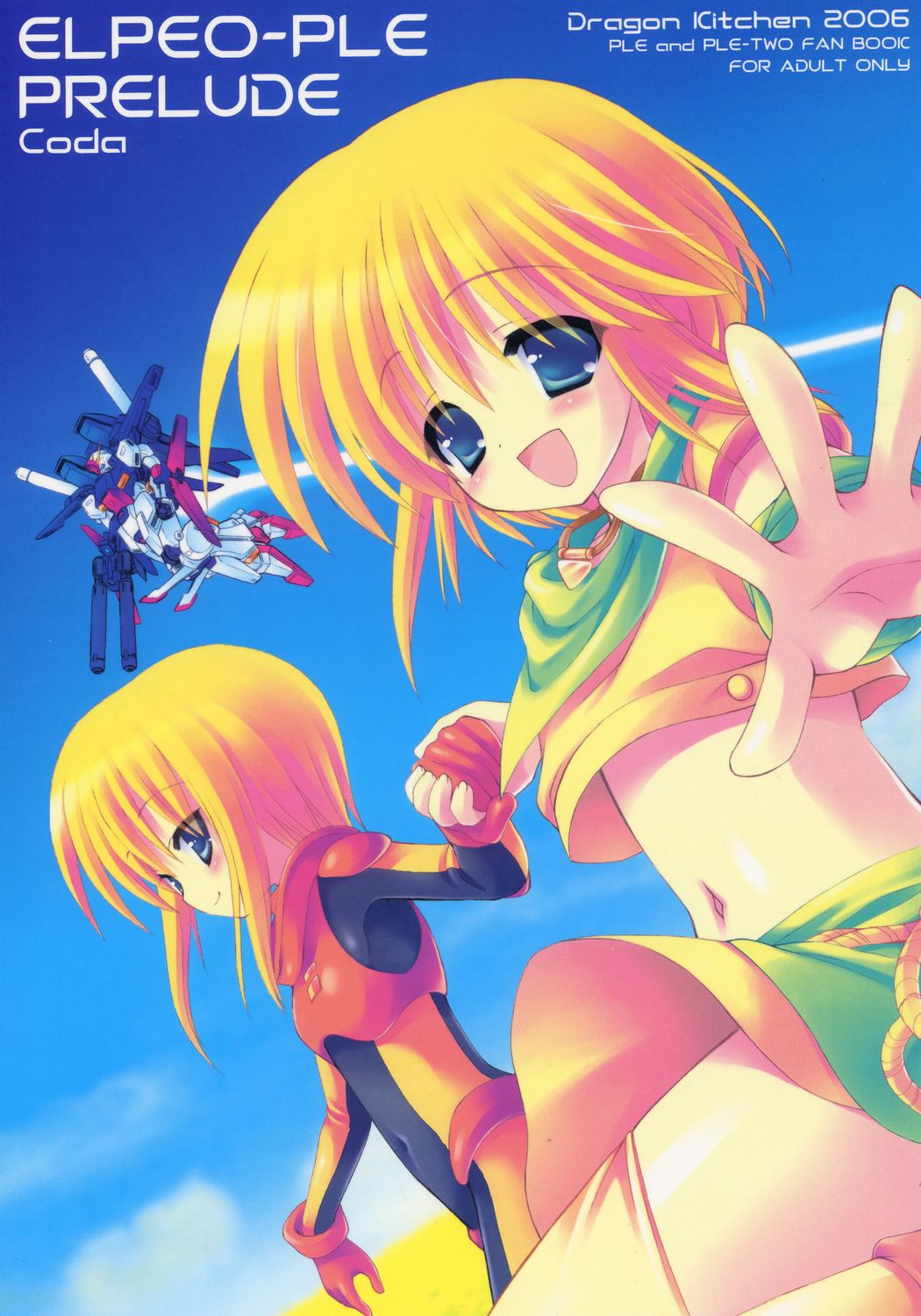 sasorigatame, elpeo puru, puru two, gundam, gundam zz, pilot suit, highres, 2girls, blue eyes, bodysuit, gloves, holding hands, mecha, midriff, multiple girls, orange hair, robot, short hair, skirt, smile, thighhighs, zettai ryouiki