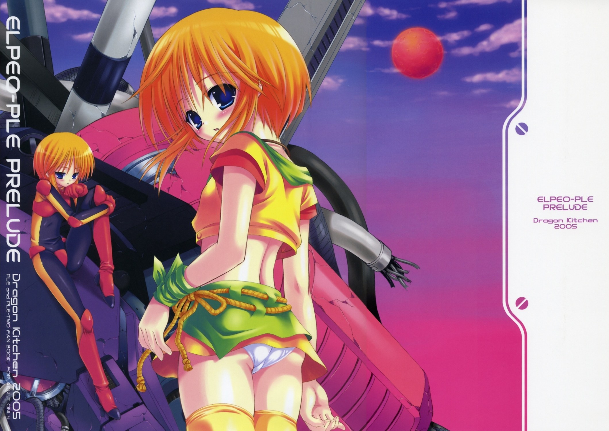 sasorigatame, elpeo puru, puru two, gundam, gundam zz, pilot suit, highres, 2girls, blush, bodysuit, cum, mecha, midriff, miniskirt, multiple girls, orange hair, panties, robot, short hair, skirt, thighhighs, underwear