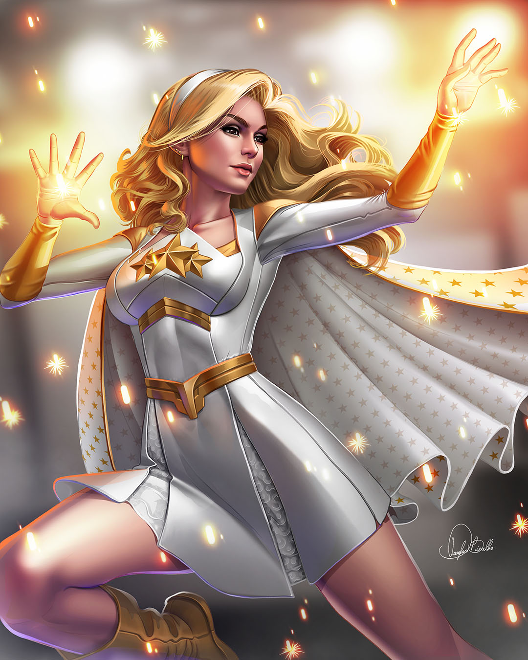 douglas bicalho, starlight (the boys), the boys, highres, 1girl, blonde hair, breasts, brown eyes, cape, dress, hairband, long hair, medium breasts, signature, solo, white cape, white dress, white hairband