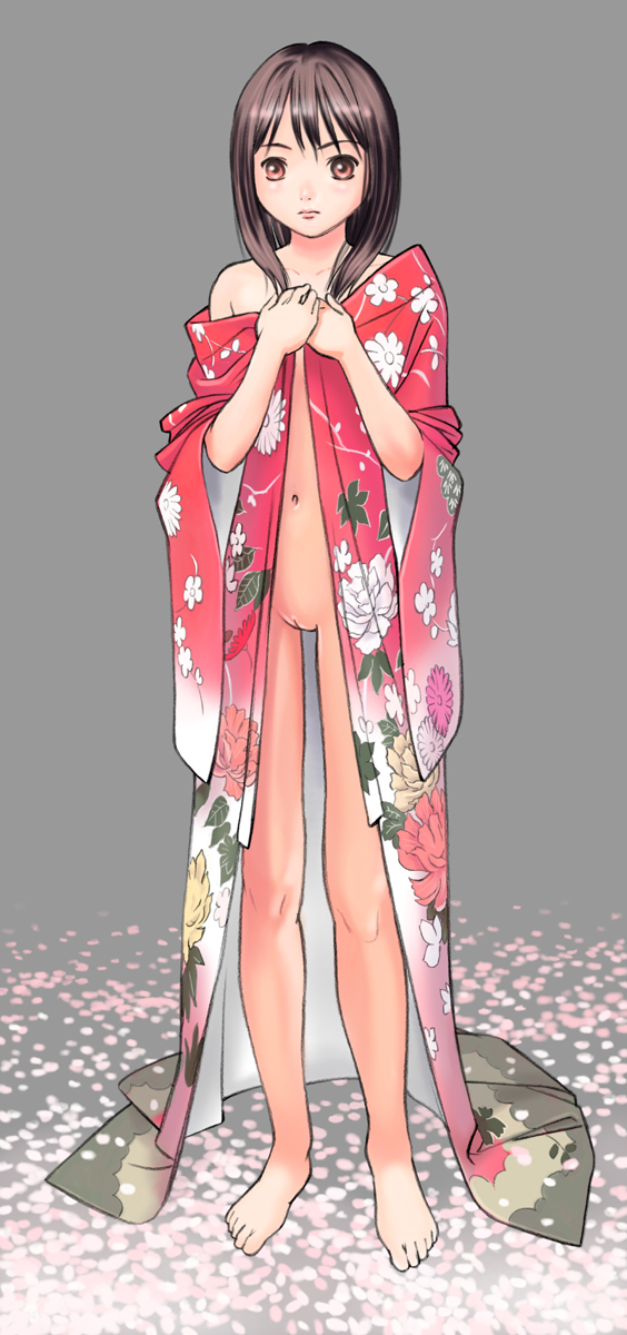 hanainu (orange bullet), original, highres, 1girl, bare shoulders, barefoot, bottomless, brown eyes, brown hair, feet, female focus, full body, japanese clothes, kimono, loli, long hair, naked kimono, navel, open clothes, outdoors, petals, pussy, solo, standing, toes, uncensored