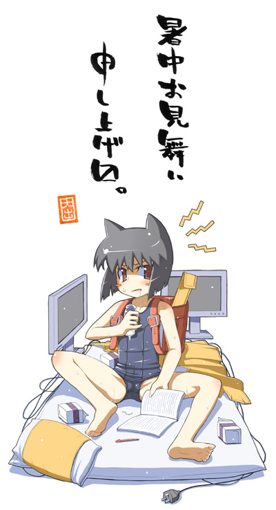 ooide chousuke, daidouji kira, aq interactive, arcana heart, atlus, examu, backpack, bag, barefoot, black one-piece swimsuit, computer, feet, milk, one-piece swimsuit, randoseru, school swimsuit, swimsuit