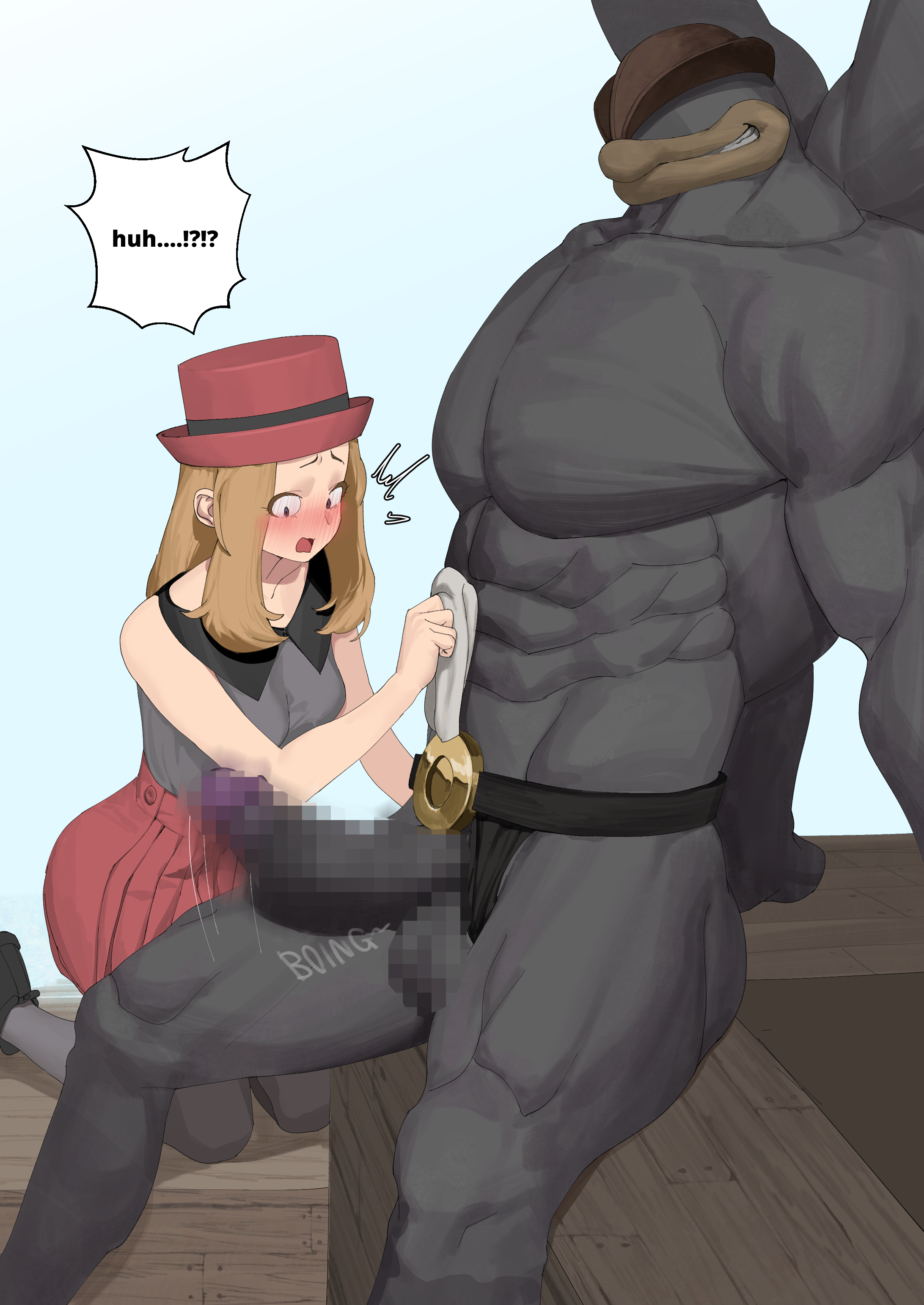 wjs07, machamp, serena (pokemon), nintendo, pokemon, pokemon xy, absurdres, commentary, english commentary, highres, 1boy, 1girl, abs, blonde hair, blue eyes, blush, censored, colored skin, english text, extra arms, faceless, faceless male, gen 1 pokemon, grey skin, hat, height difference, hetero, large penis, long hair, looking at penis, mosaic censoring, muscular, muscular male, penis, penis awe, pokemon (creature), pokephilia, red hat, red skirt, skirt, speech bubble, testicles