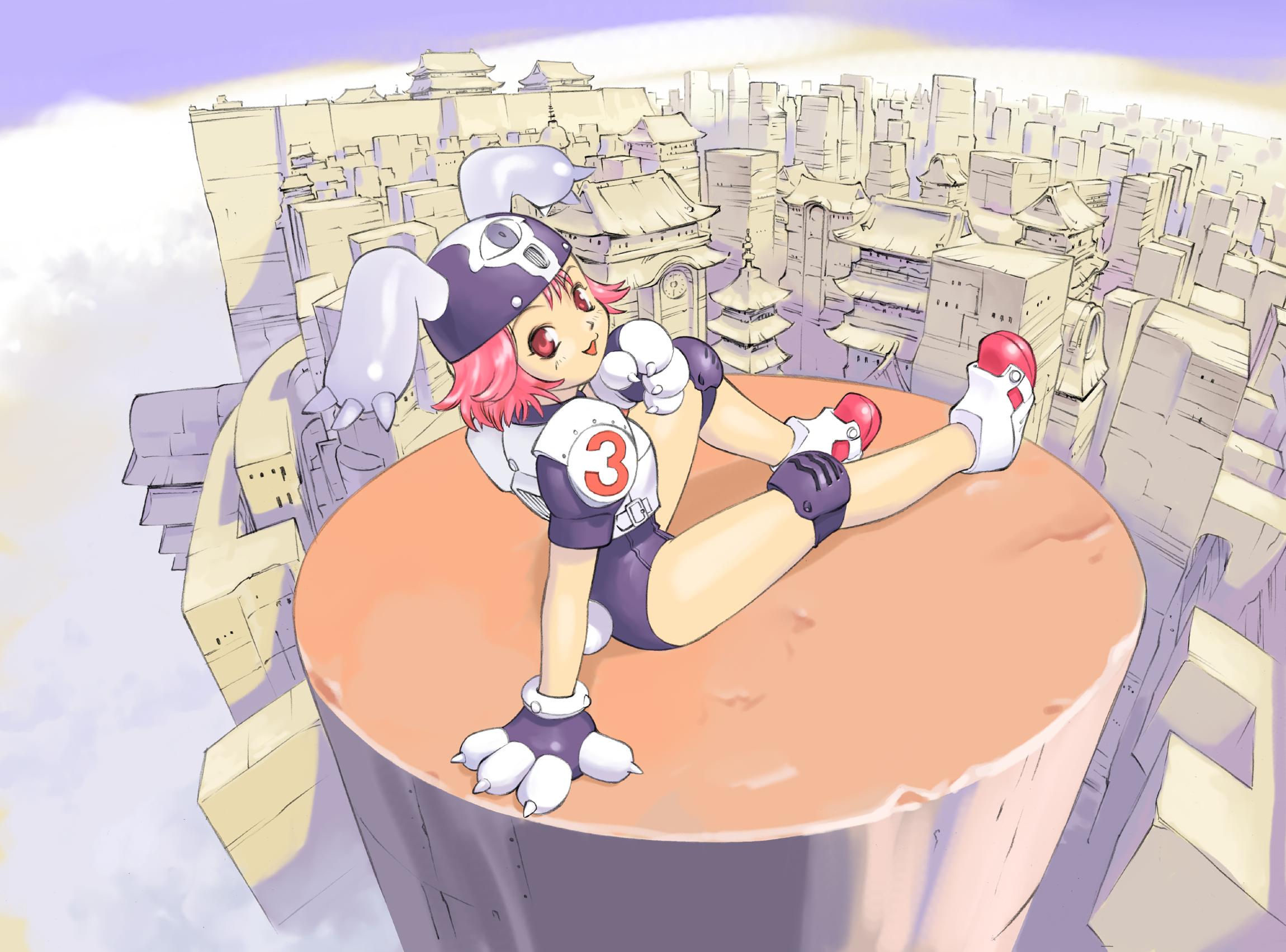hanainu (orange bullet), highres, non-web source, panorama, 1girl, animal ears, animal hands, arm support, asian architecture, city, cityscape, female focus, hat, looking at viewer, looking back, outdoors, pink eyes, pink hair, rabbit ears, rabbit tail, red eyes, short hair, sitting, solo, tail