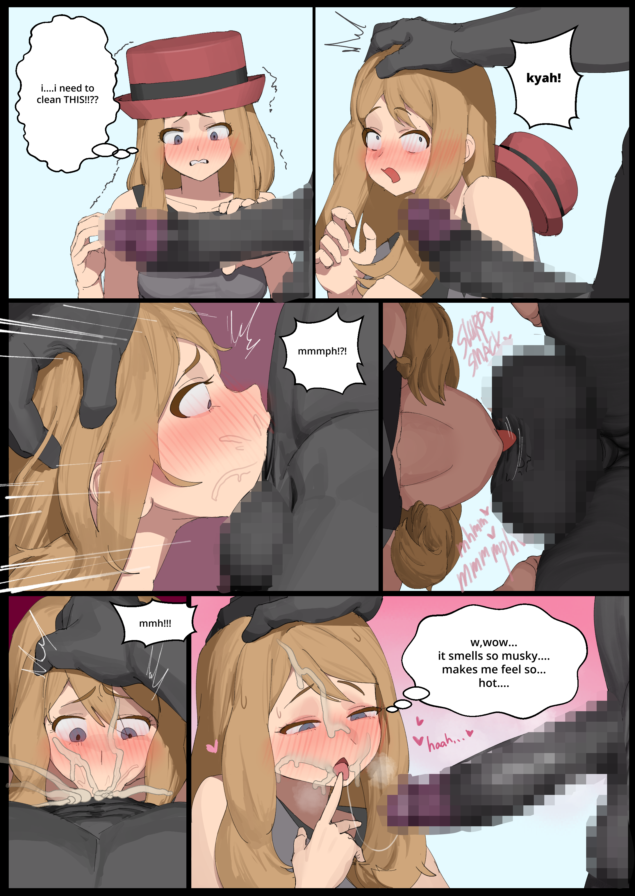 wjs07, machamp, serena (pokemon), nintendo, pokemon, pokemon xy, absurdres, commentary, english commentary, highres, 1boy, 1girl, abs, blonde hair, blue eyes, blush, censored, colored skin, deepthroat, english text, fellatio, gen 1 pokemon, grey skin, hat, height difference, hetero, irrumatio, large penis, long hair, looking at penis, mosaic censoring, muscular, muscular male, oral, penis, penis awe, pokemon (creature), pokephilia, red hat, red skirt, skirt, speech bubble, testicles