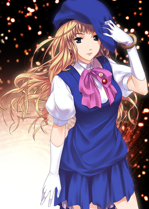 mizuki makoto, sheryl nome, macross, macross frontier, 00s, 1girl, arm at side, beret, blonde hair, blue eyes, blue hat, blue skirt, bracelet, closed mouth, earrings, female focus, gloves, hand up, hat, jewelry, lips, long hair, looking at viewer, miniskirt, pleated skirt, puffy short sleeves, puffy sleeves, short sleeves, skirt, smile, solo, standing, white gloves