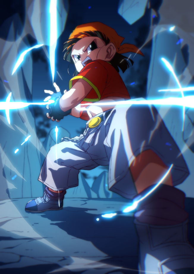 rom (20), pan (dragon ball), dragon ball, dragon ball gt, commentary request, 1girl, bandana, black eyes, black gloves, black hair, boots, fingerless gloves, gloves, grey boots, grey pants, kamehameha (dragon ball), orange bandana, pants, red shirt, shirt, short sleeves, solo, standing