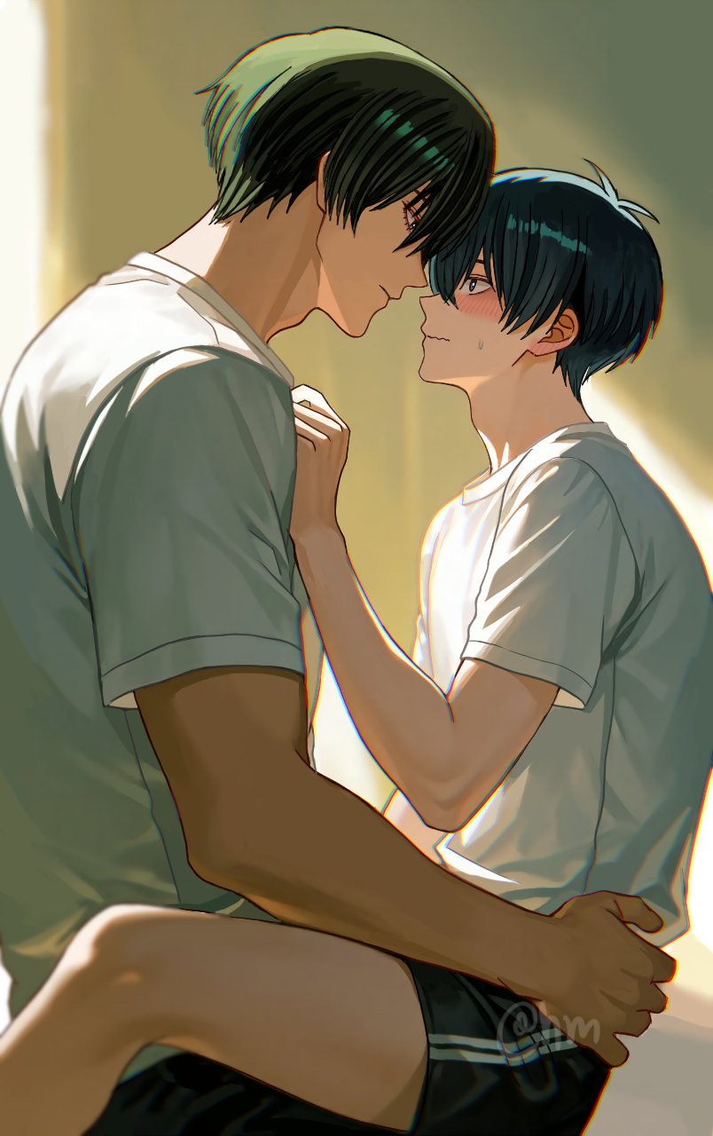hyohls2 (hamao3o), isagi yoichi, itoshi rin, blue lock, highres, 2boys, black hair, black pants, black shorts, blush, closed mouth, hair between eyes, male focus, multiple boys, pants, shirt, short hair, shorts, t-shirt, white shirt, yaoi
