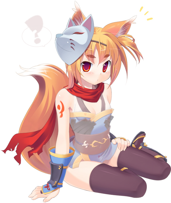 amasa mitsunaru, ninja (ragnarok online), ragnarok online, 1girl, animal ears, breasts, cleavage, female focus, fox ears, fox mask, fox tail, mask, purple thighhighs, red eyes, scarf, see-through clothes, shoulder tattoo, sitting, solo, tail, tattoo, thighhighs