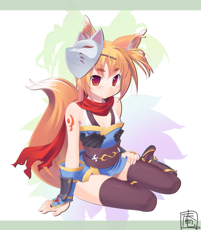 amasa mitsunaru, ninja (ragnarok online), ragnarok online, 1girl, animal ears, breasts, cleavage, female focus, fox ears, fox mask, fox tail, mask, ninja, purple thighhighs, red scarf, scarf, shoulder tattoo, sitting, solo, tail, tattoo, thighhighs