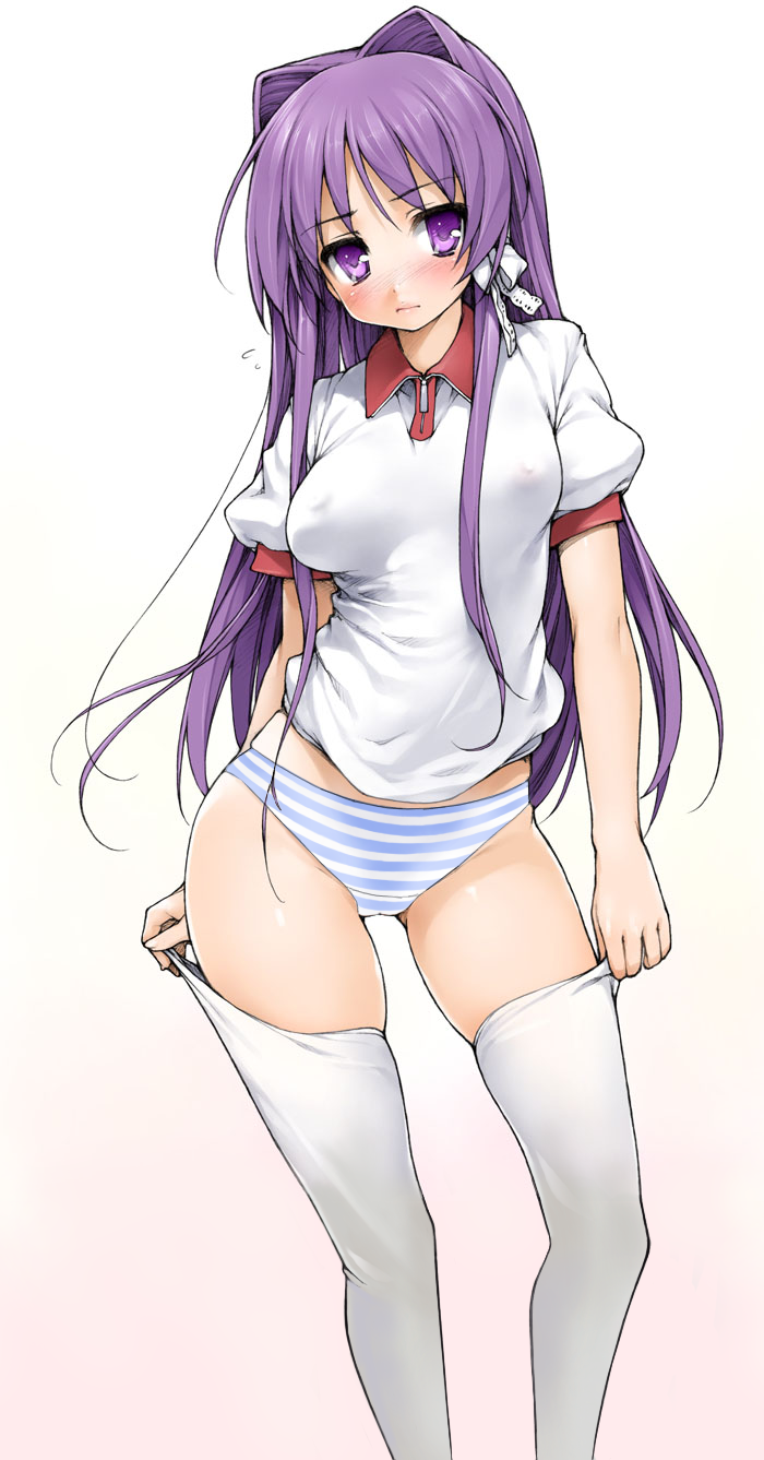 ishikei, fujibayashi kyou, clannad, highres, third-party edit, 00s, 1girl, adjusting clothes, adjusting legwear, blush, breasts, covered erect nipples, embarrassed, female focus, flying sweatdrops, gradient background, gym uniform, hair intakes, hair ornament, hair ribbon, head tilt, hip focus, holding, legs, lips, long hair, looking at viewer, nipples, no bra, no pants, panties, puffy sleeves, purple eyes, purple hair, pussy, ribbon, see-through clothes, shiny skin, short sleeves, simple background, skindentation, solo, standing, striped clothes, striped panties, thigh gap, thighhighs, thighhighs pull, thighs, uncensored, underwear, very long hair, white background, white thighhighs