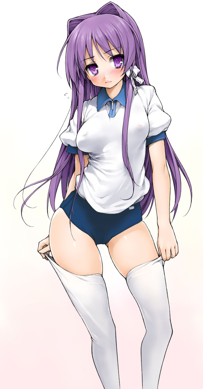 ishikei, fujibayashi kyou, clannad, highres, third-party edit, 00s, 1girl, adjusting clothes, adjusting legwear, blush, breasts, buruma, covered erect nipples, embarrassed, female focus, flying sweatdrops, gradient background, groin, gym uniform, hair intakes, hair ornament, hair ribbon, head tilt, hip focus, holding, legs, lips, long hair, looking at viewer, nipples, no bra, puffy sleeves, purple eyes, purple hair, pussy, ribbon, see-through clothes, shiny skin, short sleeves, simple background, skindentation, solo, standing, thighhighs, thighhighs pull, thighs, uncensored, very long hair, white background, white thighhighs