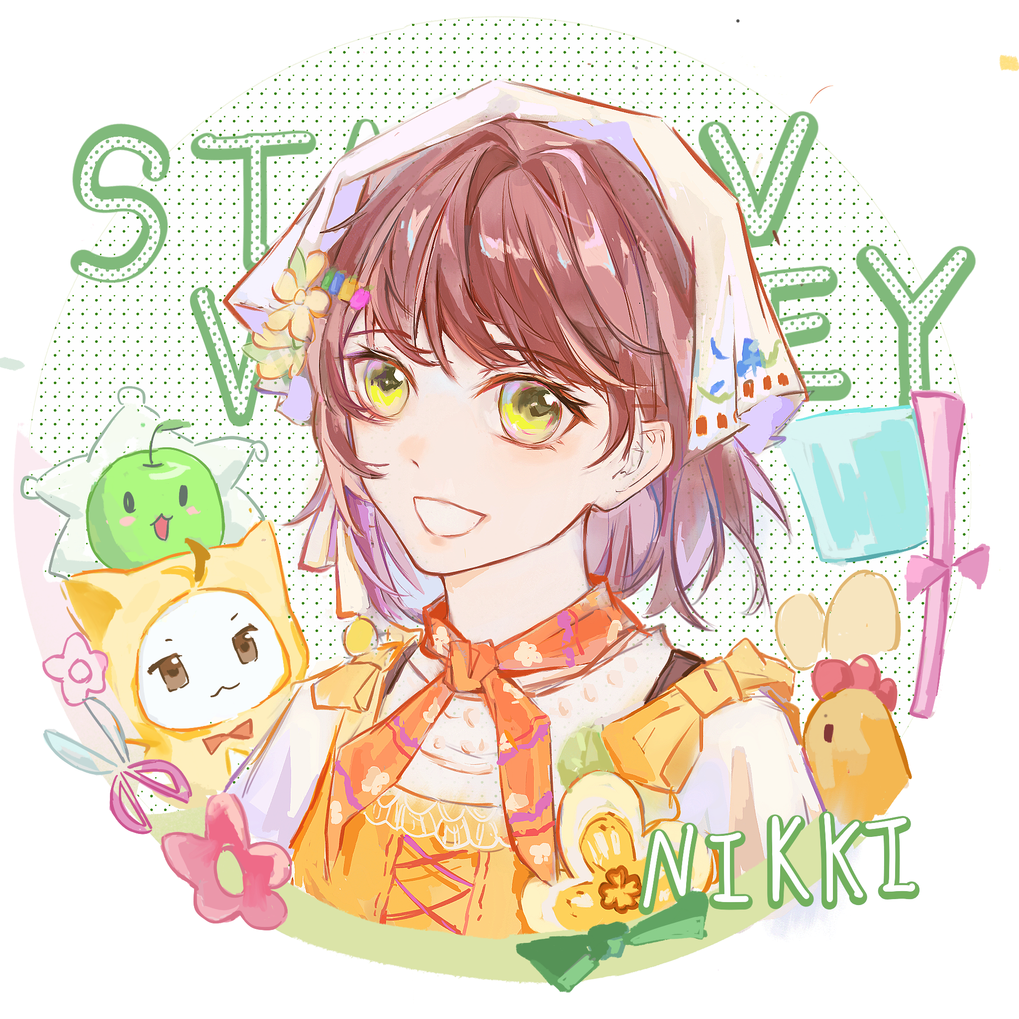 junimo, momo (nikki), infinity nikki, nikki (series), stardew valley, highres, 1girl, animal, apple, bird, border, bow, brown hair, cat, chicken, chiqihing, cloak, clothed animal, copyright name, country lolita, cropped torso, cross-laced vest, dot nose, ear covers, egg, eyelashes, floral print, flower, food, food-themed creature, fruit, green apple, green eyes, grin, hair flower, hair ornament, hairclip, halftone, halftone background, happy, headscarf, hood, hood up, hooded cloak, lace, lace-trimmed shirt, lace trim, lips, lolita fashion, orange scarf, orange vest, pink lips, round border, scarf, scissors, shirt, short hair, smile, stardew valley encounter (infinity nikki), striped clothes, striped scarf, upper body, vest, white background, white border, white cat, white headscarf, white shirt, yellow bow, yellow cloak, yellow flower