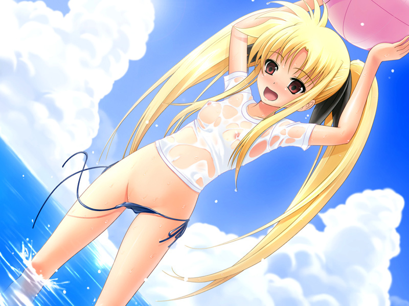 40010prototype, fate testarossa, lyrical nanoha, mahou shoujo lyrical nanoha, 00s, 1girl, ball, beachball, bikini, blonde hair, blush, breasts, day, female focus, long hair, nipples, ocean, red eyes, see-through clothes, shirt, side-tie bikini bottom, small breasts, solo, swimsuit, twintails, untied bikini, wardrobe malfunction, water, wet, wet clothes, wet shirt