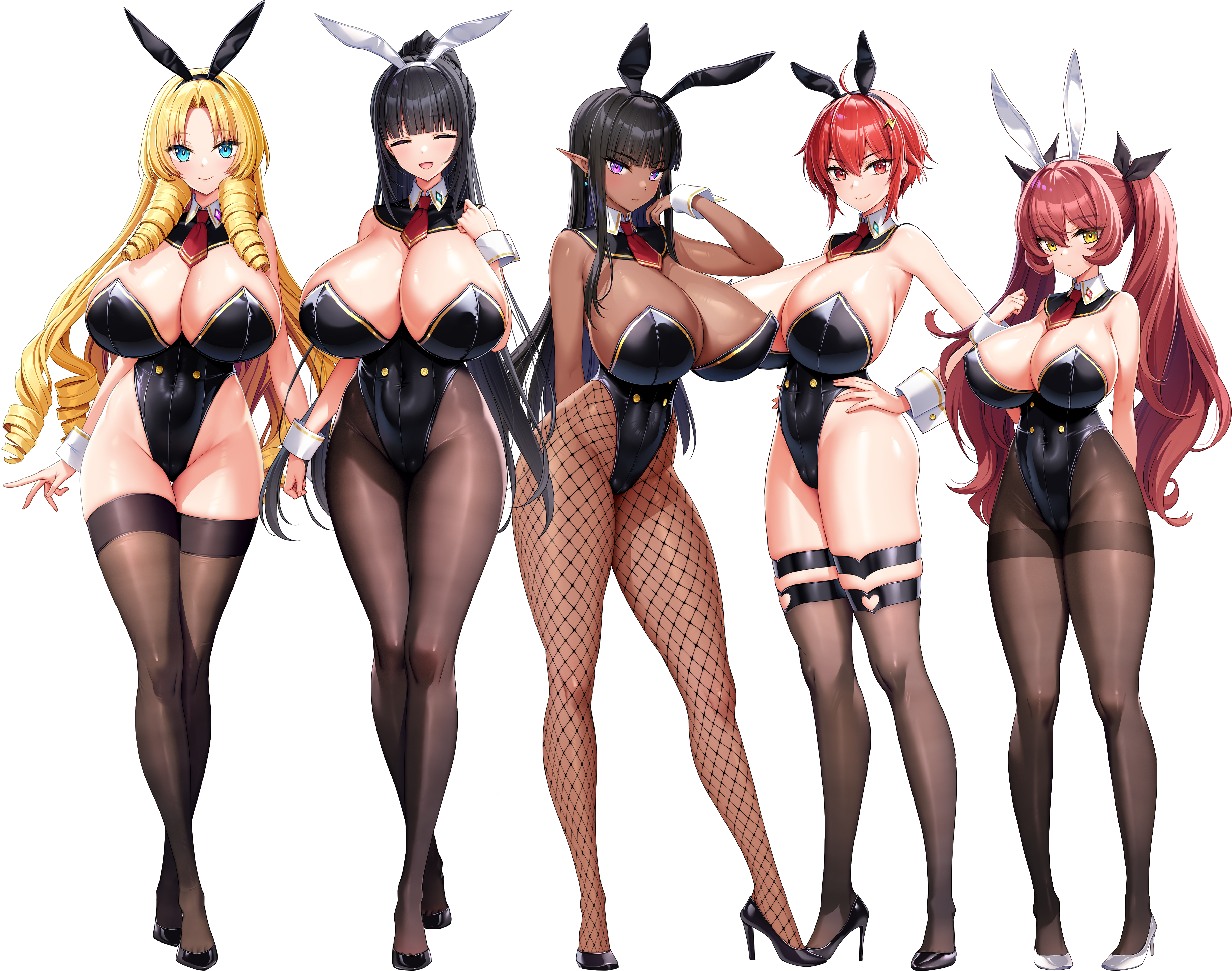 derauea, chichizaki momina, felicia la nacuras, karla lil earthian, meamea fo rusalka, raelda le failda, motto! haramase! honoo no oppai isekai oppai bunny gakuen!, absurdres, highres, 5girls, animal ears, arms behind back, bare shoulders, black hair, black hairband, black leotard, black pantyhose, black thighhighs, blonde hair, blue eyes, blunt bangs, blush, bow, bowtie, breasts, brown pantyhose, cleavage, closed eyes, closed mouth, covered navel, curvy, dark-skinned female, dark elf, dark skin, detached collar, drill hair, drill sidelocks, elf, fake animal ears, fishnet pantyhose, fishnets, hair ornament, hair ribbon, hairband, hand on own hip, high heels, highleg, highleg leotard, huge breasts, large breasts, leotard, long hair, looking at viewer, mole, mole under eye, motto! haramase! (series), multiple girls, necktie, no bra, no panties, o-ring, open mouth, pantyhose, parted bangs, playboy bunny, pointy ears, ponytail, purple eyes, rabbit ears, rabbit tail, red eyes, red hair, red necktie, ribbon, shoes, short hair, short necktie, side drill, sidelocks, skindentation, smile, standing, strapless, strapless leotard, tail, thigh strap, thighband pantyhose, thighhighs, thighs, transparent background, twin drills, twintails, very long hair, wrist cuffs, yellow eyes