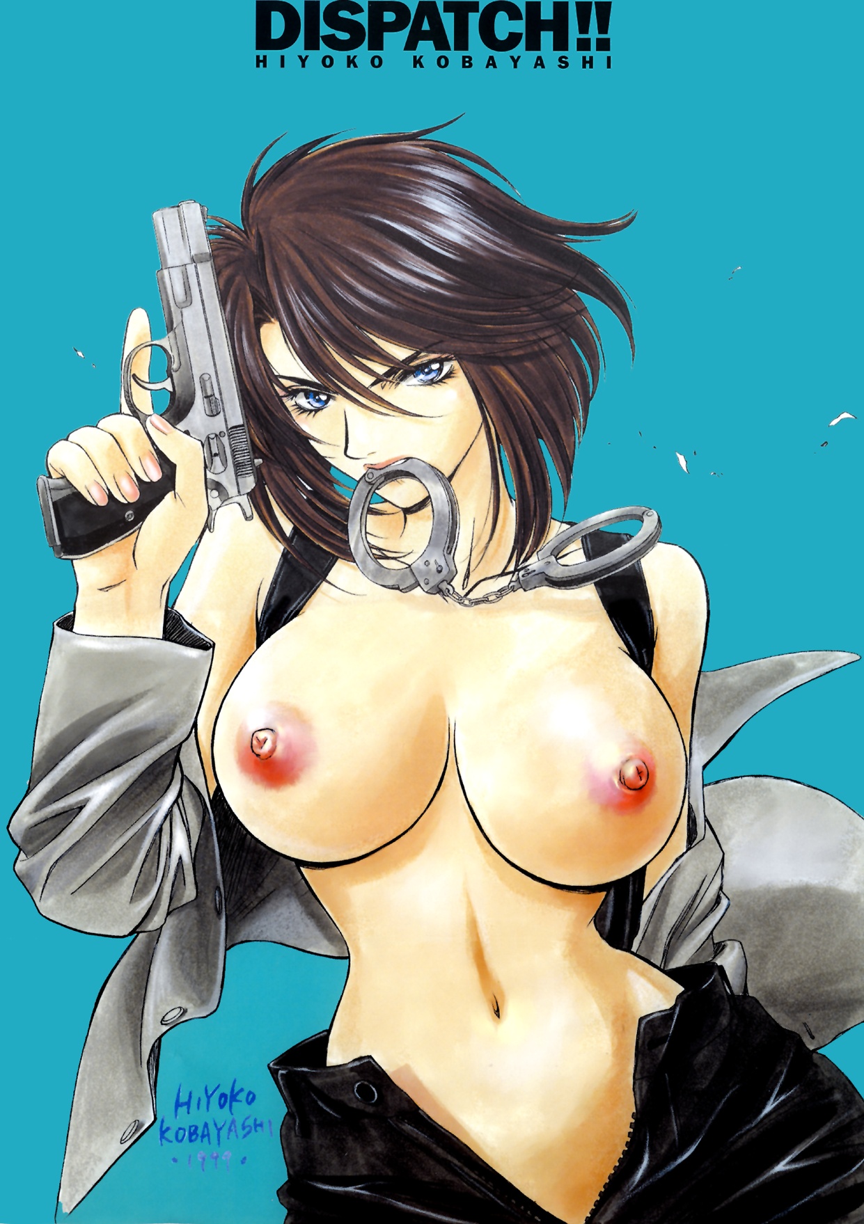 kobayashi hiyoko, dispatch!!, highres, 1girl, blue eyes, breasts, brown hair, cuffs, cz 75, female focus, gun, handcuffs, handgun, large breasts, lipstick, makeup, mouth hold, nail polish, nipples, off shoulder, open clothes, open fly, open shirt, pistol, shirt, short hair, simple background, solo, topless female, unzipped, weapon