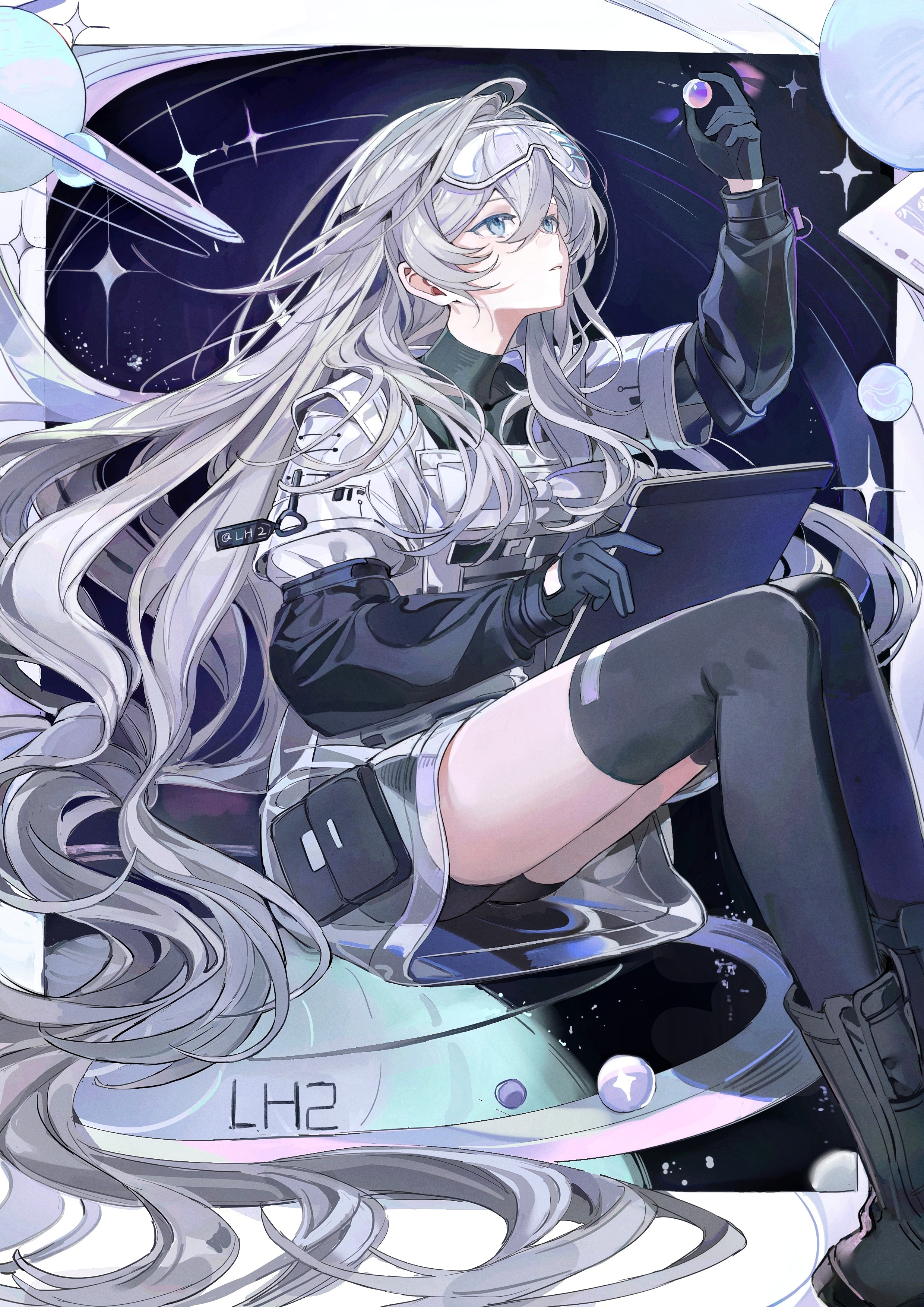poxiao buff, original, absurdres, chinese commentary, commentary request, highres, 1girl, arm up, black boots, black gloves, black shorts, blue eyes, boots, border, covered collarbone, floating hair, gloves, goggles, goggles on head, grey hair, hair between eyes, hair intakes, holding, holding orb, holding tablet pc, inset border, jacket, long hair, long sleeves, looking ahead, looking up, orb, parted lips, planet, pouch, short shorts, shorts, sitting, snow goggles, solo, space, star (sky), star (symbol), tablet pc, thigh pouch, thighs, very long hair, vest, white border, white jacket