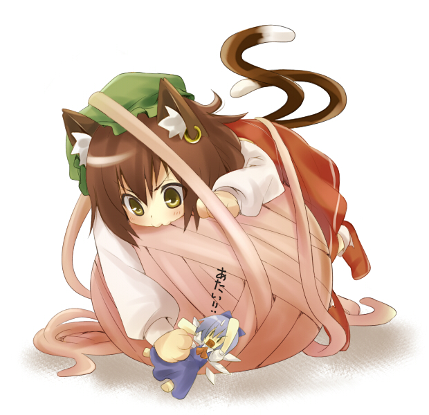 kiji (manekinuko-tei), chen, cirno, touhou, 2girls, :3, animal ears, ball, brown hair, cat ears, cat girl, cat tail, dress, earrings, female focus, hat, jewelry, multiple girls, multiple tails, tail, white background, yarn, yarn ball