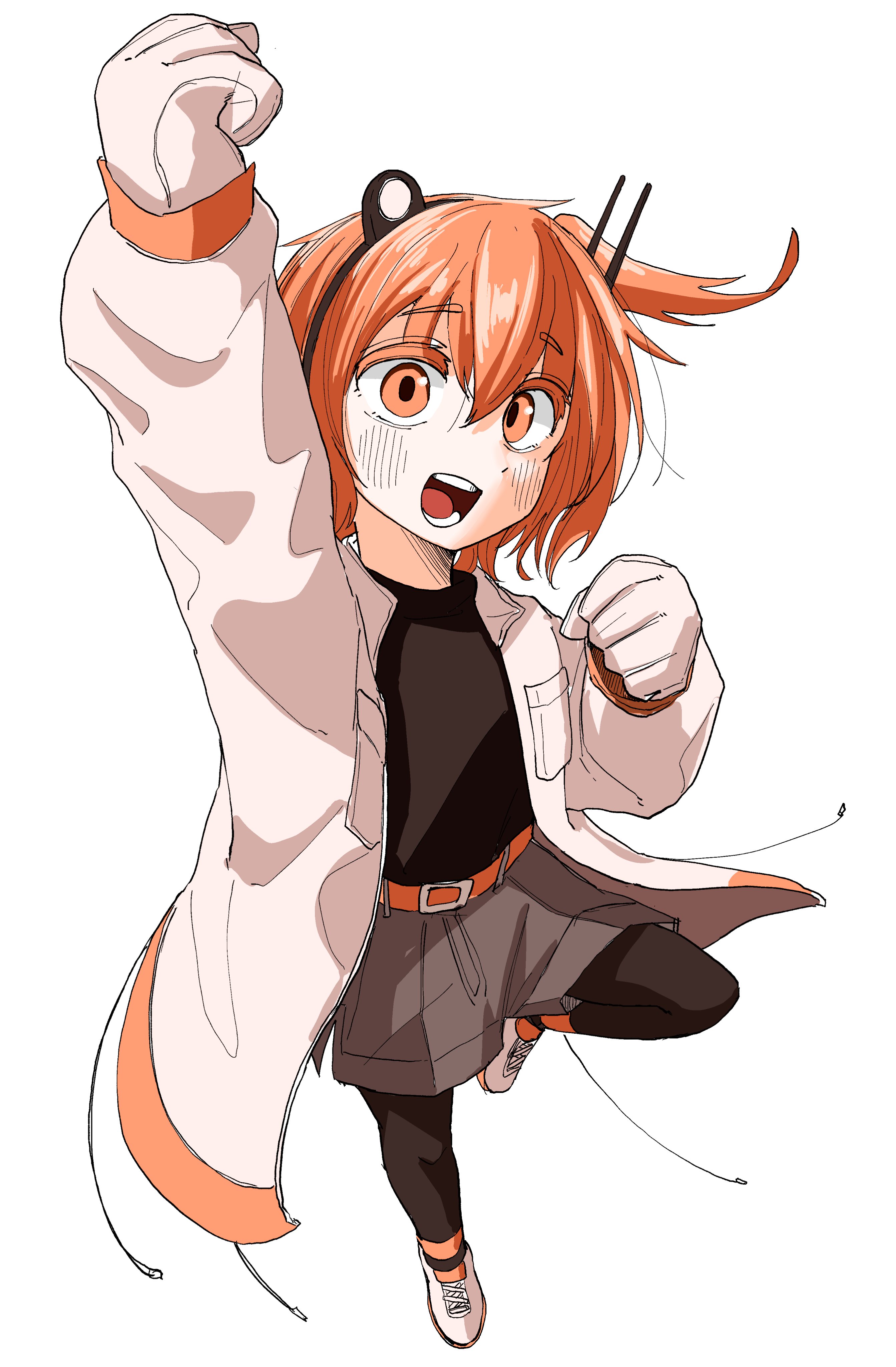 nickel ni plus, adachi rei, a.i. voice, utau, absurdres, commentary, highres, 1girl, adapted costume, black leggings, black sweater, blush, clenched hands, coat, gloves, grey shorts, headlamp, leggings, long sleeves, looking at viewer, one side up, open clothes, open coat, open mouth, orange eyes, orange hair, shoes, shorts, simple background, sneakers, solo, sweater, white background, white coat, white gloves, white shoes