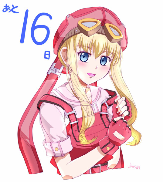 xiacheng tatsuya, tita russell, eiyuu densetsu, sora no kiseki, 1girl, artist name, blonde hair, blue eyes, countdown, double-parted bangs, fingerless gloves, gloves, goggles, goggles on head, hair between eyes, hat, long hair, long sidelocks, looking at viewer, open mouth, portrait, red gloves, red hat, sidelocks, simple background, sleeves rolled up, smile, solo, suspenders, upper body, white background