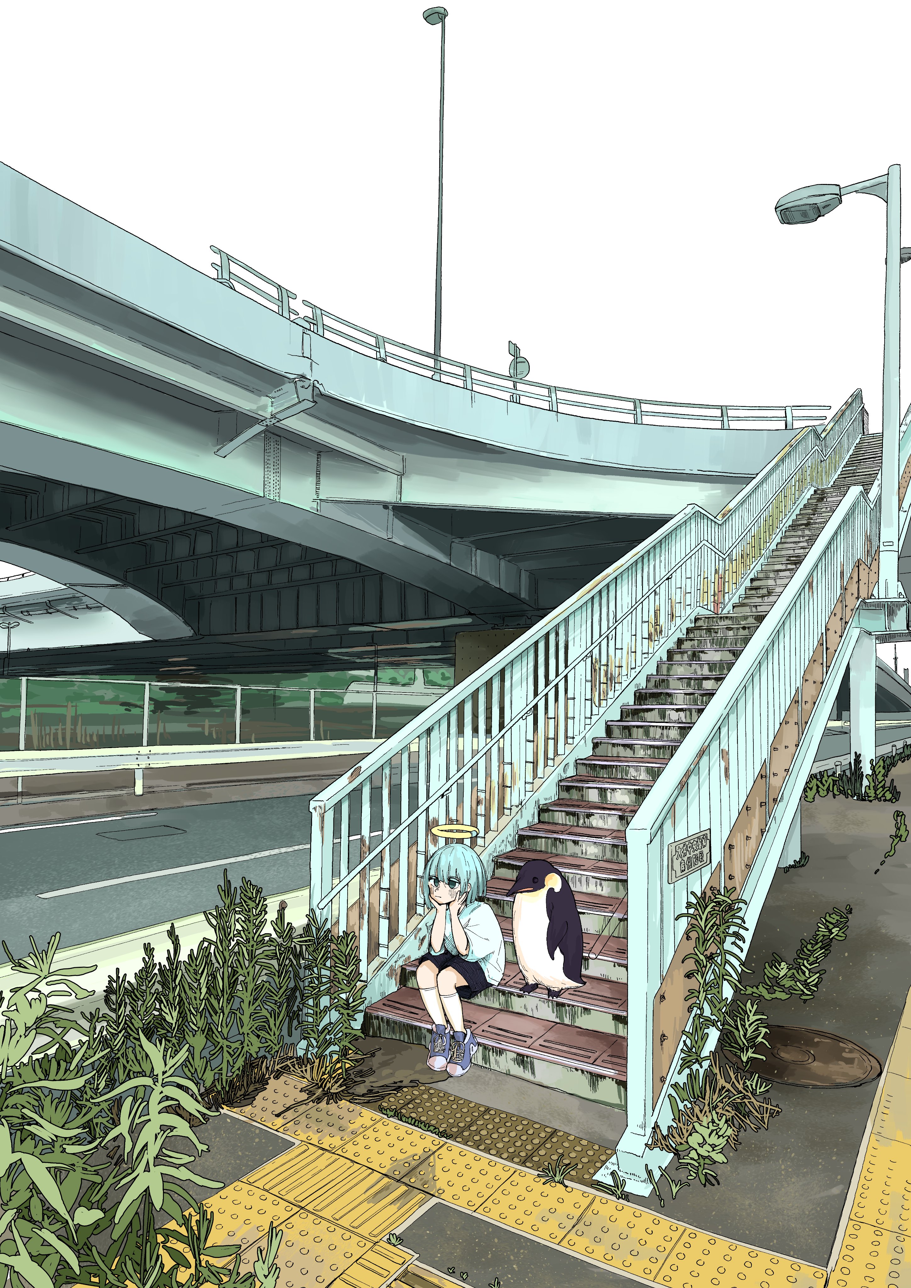 nickel ni plus, original, absurdres, highres, 1girl, animal, bird, black shorts, blue eyes, blue hair, blue shoes, grate, halo, hands on own cheeks, hands on own face, lamppost, outdoors, overpass, penguin, plant, road, scenery, sewer grate, shirt, shoes, shorts, sitting, socks, solo, stairs, white shirt, white socks