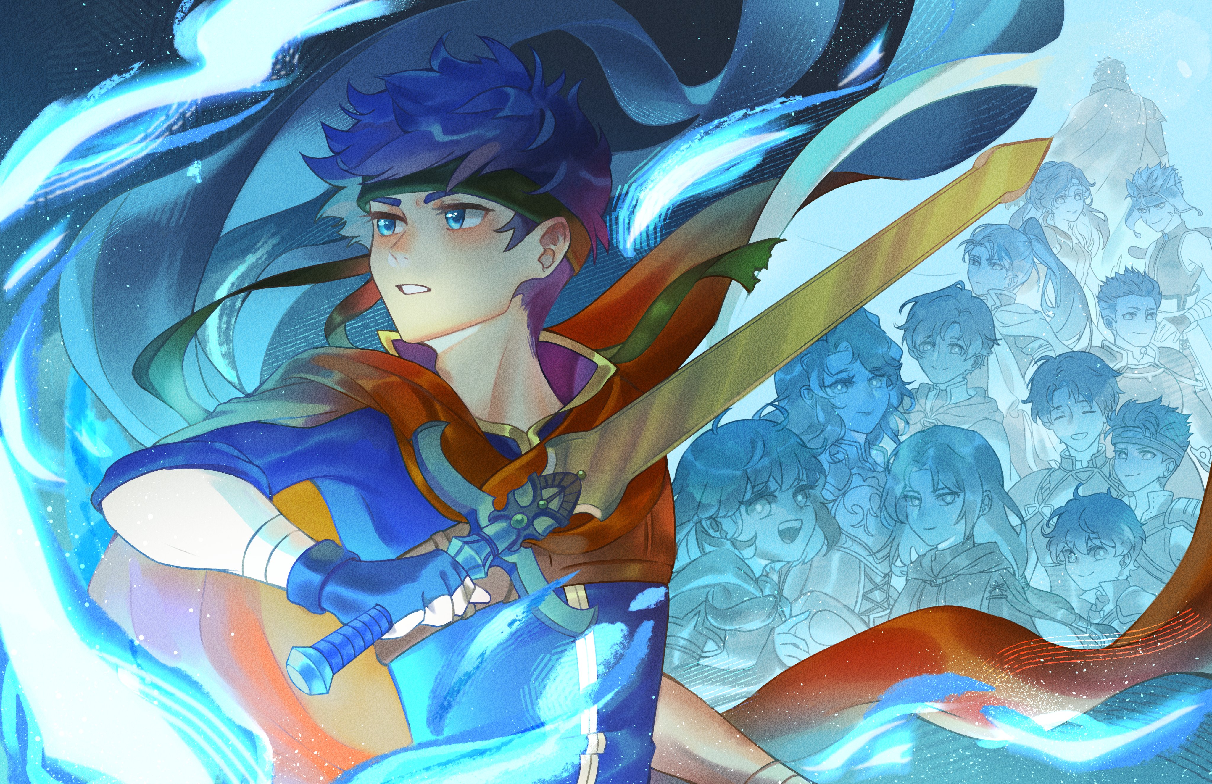 halapokok, boyd (fire emblem), elena (fire emblem), gatrie (fire emblem), greil, ike (fire emblem), mist (fire emblem), oscar (fire emblem), ranulf (fire emblem), rhys (fire emblem), rolf (fire emblem), shinon (fire emblem), soren (fire emblem), titania (fire emblem), fire emblem, fire emblem: path of radiance, nintendo, absurdres, highres, 3girls, 6+boys, blue eyes, blue hair, fingerless gloves, gloves, green headband, headband, multiple boys, multiple girls, ragnell, short hair