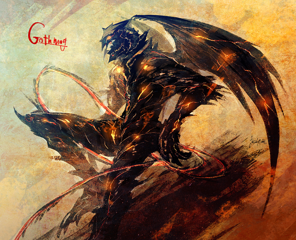 tokidoki tidori, balrog (lord of the rings), gothmog (silmarillion), the silmarillion, tolkien's legendarium, 1boy, artist name, character name, claws, demon, demon wings, male focus, orange eyes, signature, solo, weapon, whip, wings
