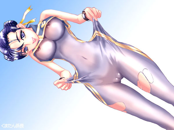 chun-li, capcom, street fighter, artist request, 1girl, blue bodysuit, blue eyes, blue hair, bodysuit, breasts, cameltoe, double vertical stripe, female focus, large breasts, matching hair/eyes, nipples, pussy, see-through bodysuit, see-through clothes, skin tight, smile, solo, torn clothes, uncensored, underboob