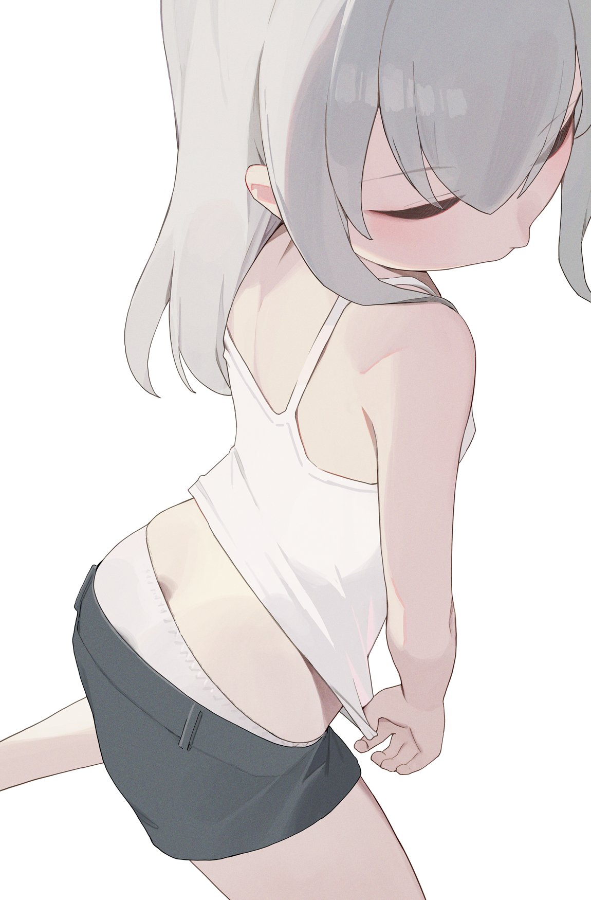 hiroki (yyqw7151), original, highres, 1girl, ass, black shorts, bra, butt crack, closed eyes, grey hair, kneeling, medium hair, midriff, panties, panties under shorts, shorts, simple background, solo, underwear, white background, white bra, white panties