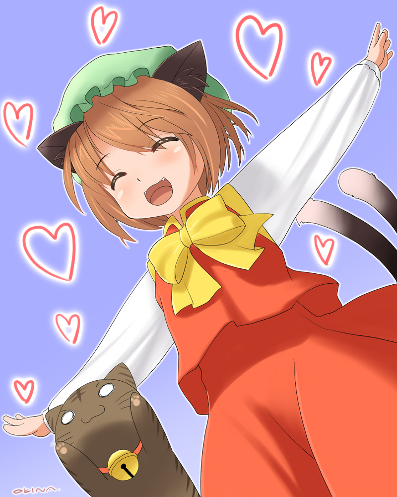 okina ika, chen, touhou, bad id, bad pixiv id, 1girl, :3, animal ears, bell, brown hair, cat, cat ears, cat tail, collar, fangs, female focus, from below, happy, hat, heart, jingle bell, multiple tails, neck bell, outstretched arms, short hair, smile, solo, spread arms, tail