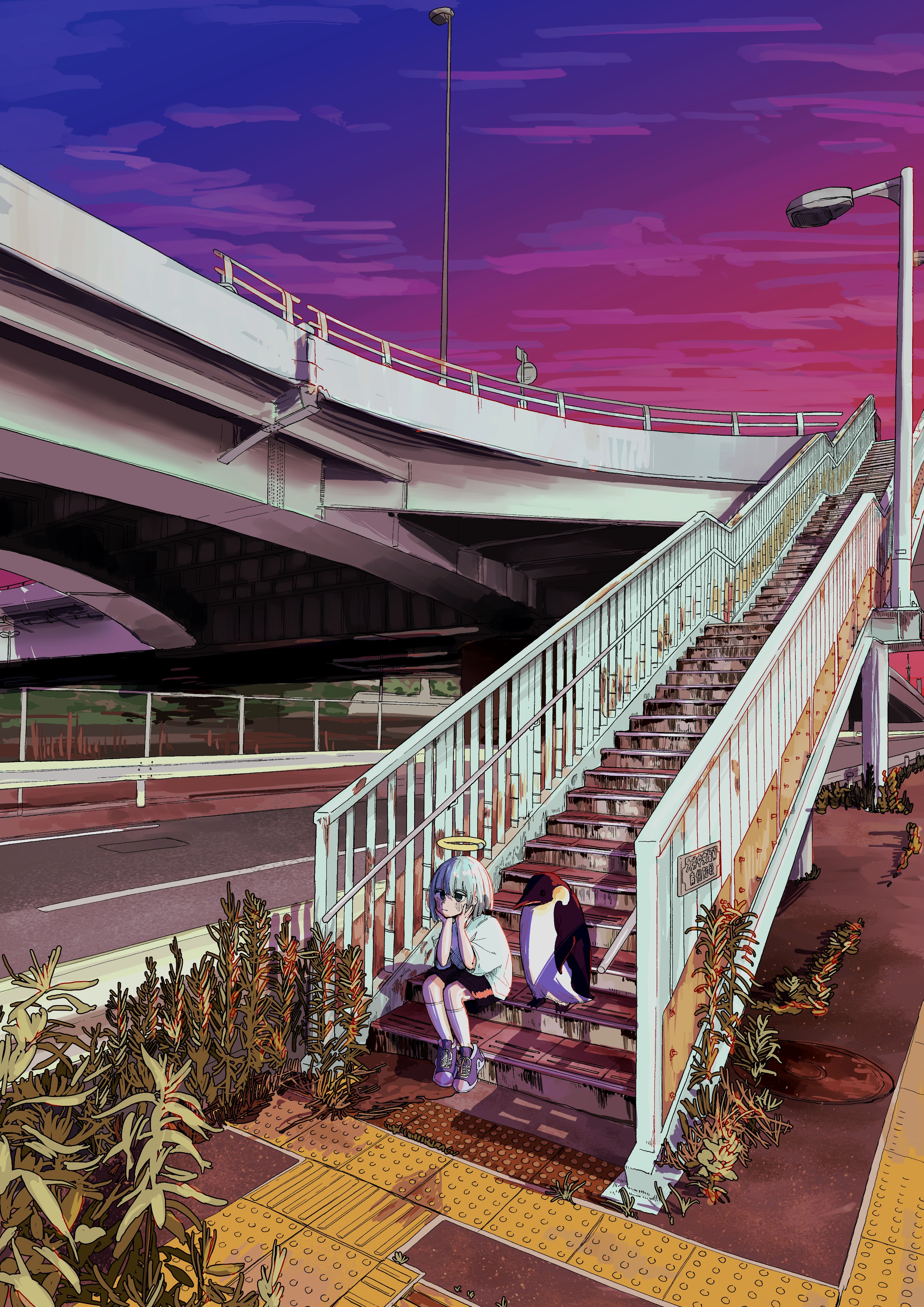 nickel ni plus, original, absurdres, highres, 1girl, animal, bird, black shorts, blue eyes, blue hair, blue shoes, evening, grate, halo, hands on own cheeks, hands on own face, lamppost, outdoors, overpass, penguin, plant, purple sky, road, scenery, sewer grate, shirt, shoes, shorts, sitting, sky, socks, solo, stairs, white shirt, white socks