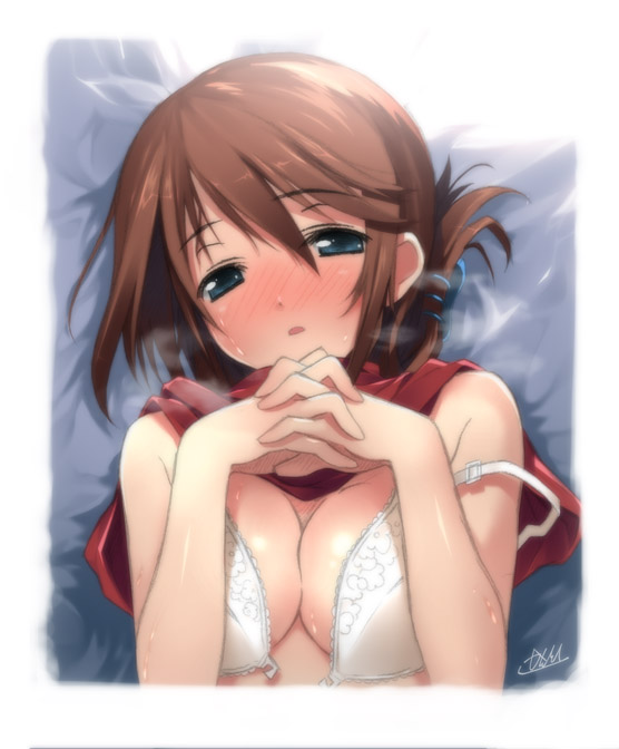 kantoku, komaki manaka, to heart (series), to heart 2, 00s, 1girl, blue eyes, blush, bra, breasts, brown hair, cleavage, female focus, folded ponytail, lingerie, lying, solo, underwear