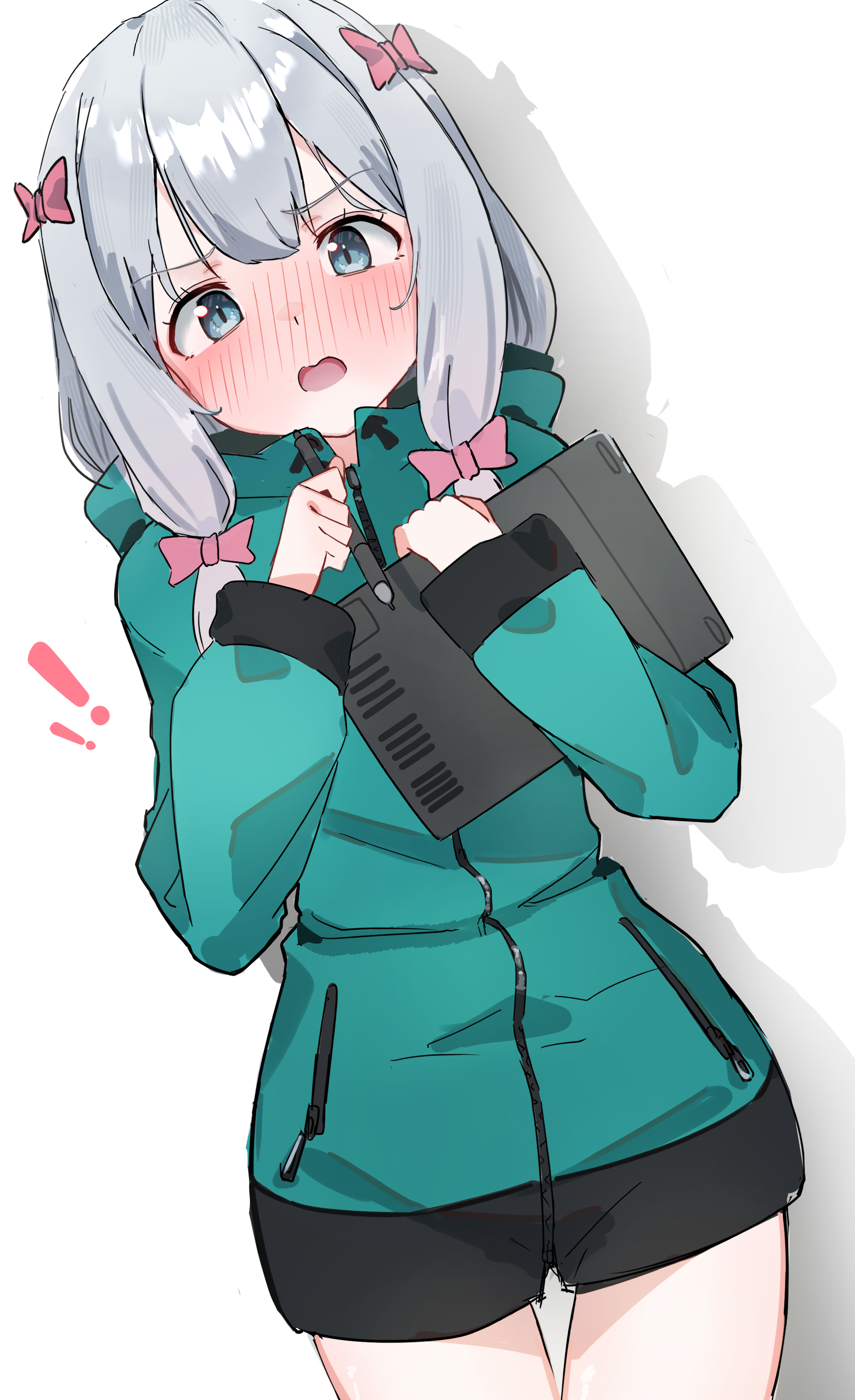 urashima jiro, izumi sagiri, eromanga sensei, absurdres, commentary request, highres, !, 1girl, aqua eyes, blush, bow, green jacket, grey hair, hair bow, jacket, long hair, long sleeves, looking at viewer, pink bow, shadow, simple background, solo, white background