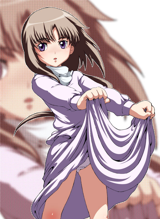 caryo, tabigarasu, tiffa adill, after war gundam x, gundam, 1girl, brown hair, clothes lift, dress, dress lift, female focus, long hair, open mouth, panties, ponytail, purple eyes, solo, thighs, tongue, underwear, very long hair, white panties, zoom layer