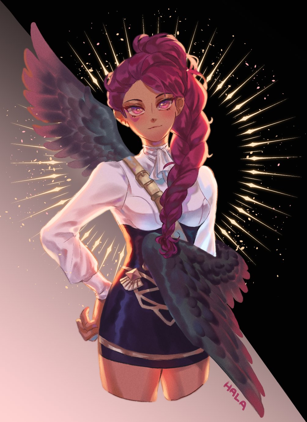 halapokok, petra macneary, fire emblem, fire emblem: three houses, nintendo, highres, 1girl, braid, braided ponytail, dark-skinned female, dark skin, facial mark, garreg mach monastery uniform, long hair, looking at viewer, ponytail, purple hair