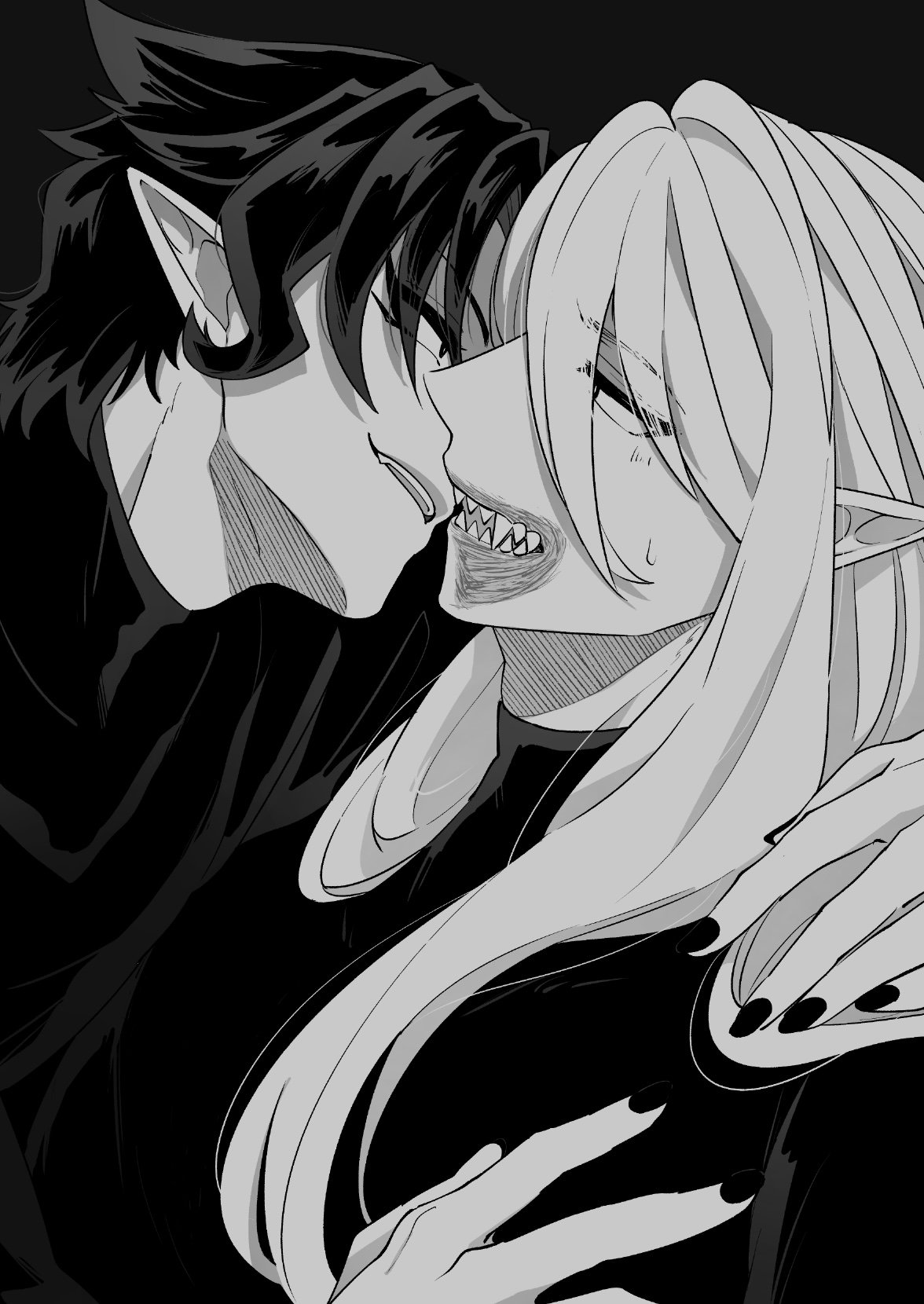 naberius kalego, mairimashita! iruma-kun, highres, 2boys, balam shichiro, black background, greyscale, imminent kiss, isiko mim z, light blush, long hair, looking at another, male focus, monochrome, multiple boys, nail polish, pointy ears, scar, scar on face, scar on mouth, short hair, simple background, teeth, turtleneck, upper body, yaoi