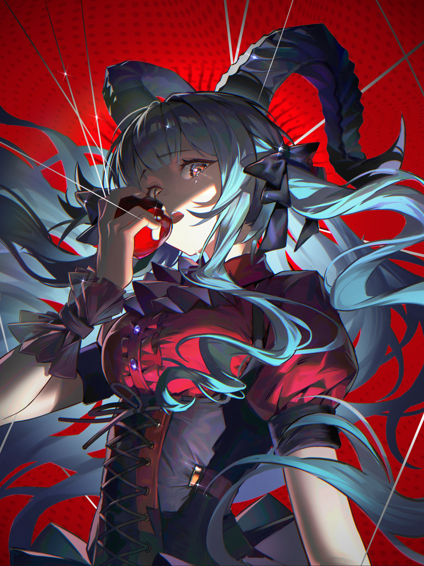 oblivionis (bang dream!), togawa sakiko, arknights, bang dream!, bang dream! it's mygo!!!!!, highres, 1girl, apple, ascot, black ascot, black corset, black horns, black ribbon, blue hair, breasts, brown eyes, center frills, corset, curled horns, floating hair, food, frills, fruit, hair ribbon, hand up, holding, holding food, holding fruit, horns, long hair, looking at viewer, medium breasts, puffy short sleeves, puffy sleeves, red background, red shirt, ribbon, shirt, short sleeves, sidelocks, solo, tearing up, togawa sakiko (master of melodia), two side up, upper body, wrist cuffs, yu q luo he wu