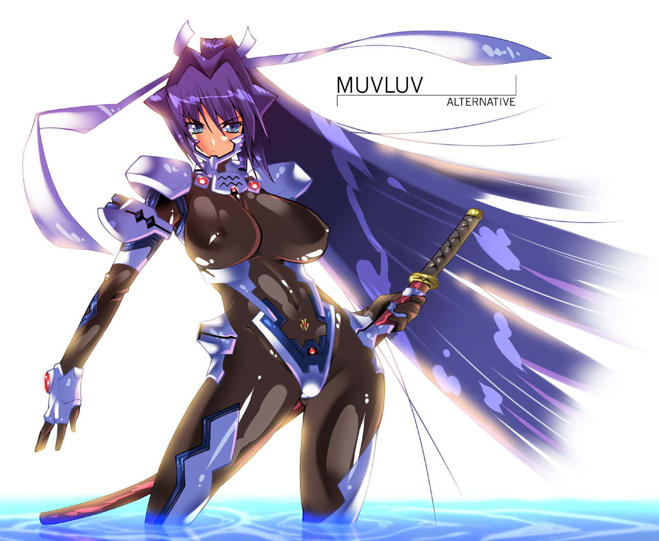shinozuka atsuto, mitsurugi meiya, muv-luv, muv-luv alternative, pilot suit, 1girl, black bodysuit, blue eyes, blue hair, bodysuit, breasts, covered erect nipples, female focus, fortified suit, hair ribbon, large breasts, latex, long hair, matching hair/eyes, mecha pilot suit, ribbon, shiny clothes, solo, sword, very long hair, wading, water, weapon