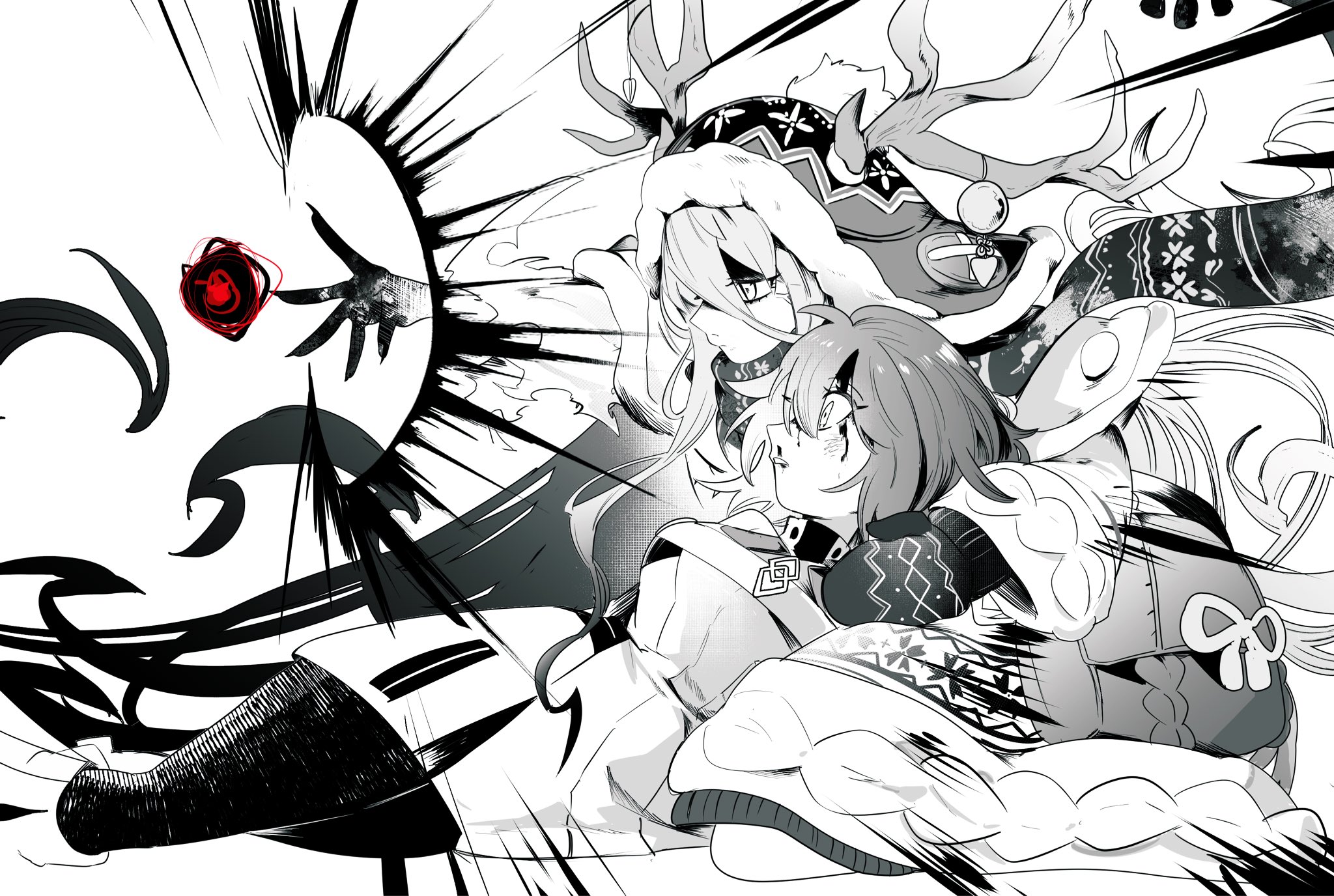 kuriimu0203, fujimaru ritsuka (female), fujimaru ritsuka (female) (decisive battle chaldea uniform), louhi (fate), louhi (second ascension) (fate), fate/grand order, fate (series), highres, 2girls, antlers, antlers through headwear, beanie, blood, breasts, chaldea logo, chaldea uniform, colored extremities, dress, greyscale, hair between eyes, hat, horns, injury, jacket, long hair, medium breasts, mittens, monochrome, multiple girls, scarf, short hair, sweater, woollen cap